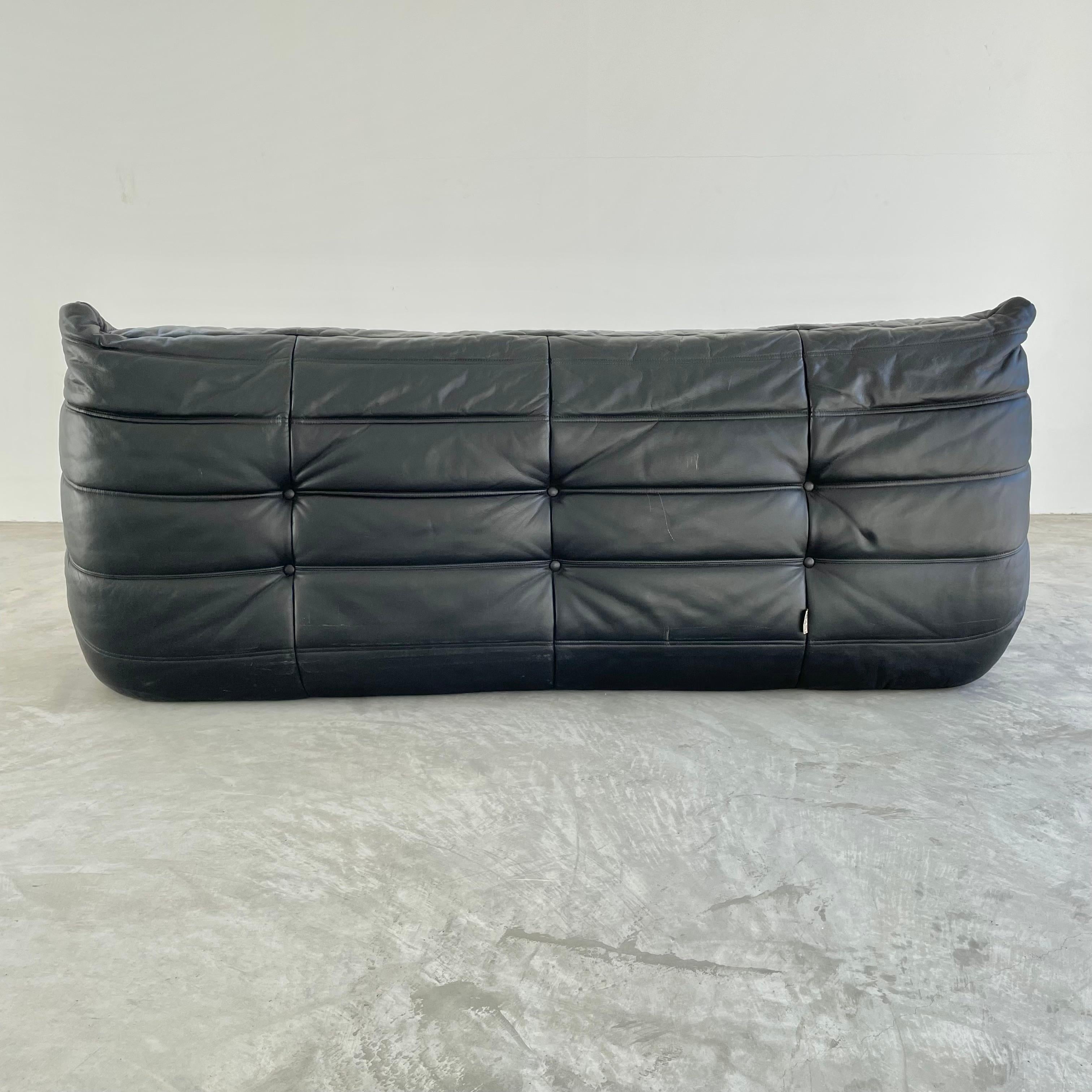 Vintage Black Leather 3 Seater Togo by Ligne Roset 1