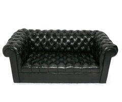 Vintage Black Leather 64"W Chesterfield Sofa Settee Perfectly Broken In English
