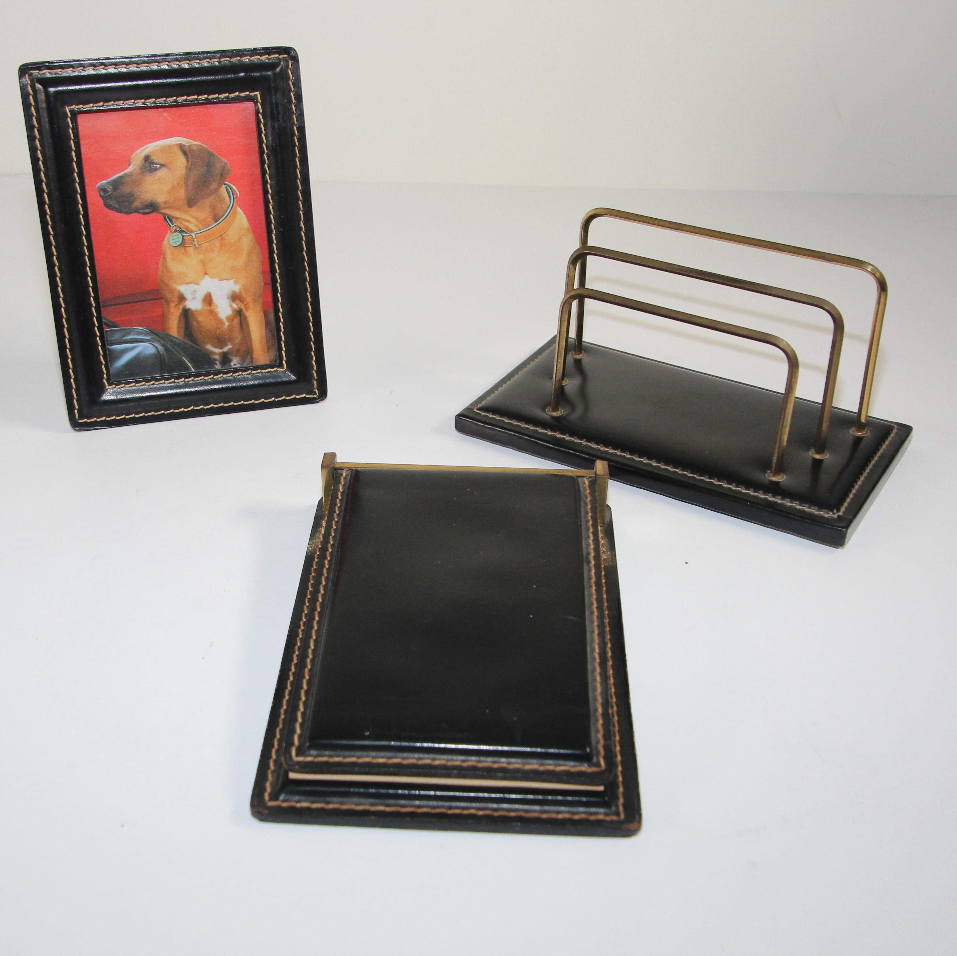 Jacques Adnet Art Deco Black Leather Saddle Stitching Brass Desk Set 1950 France 7