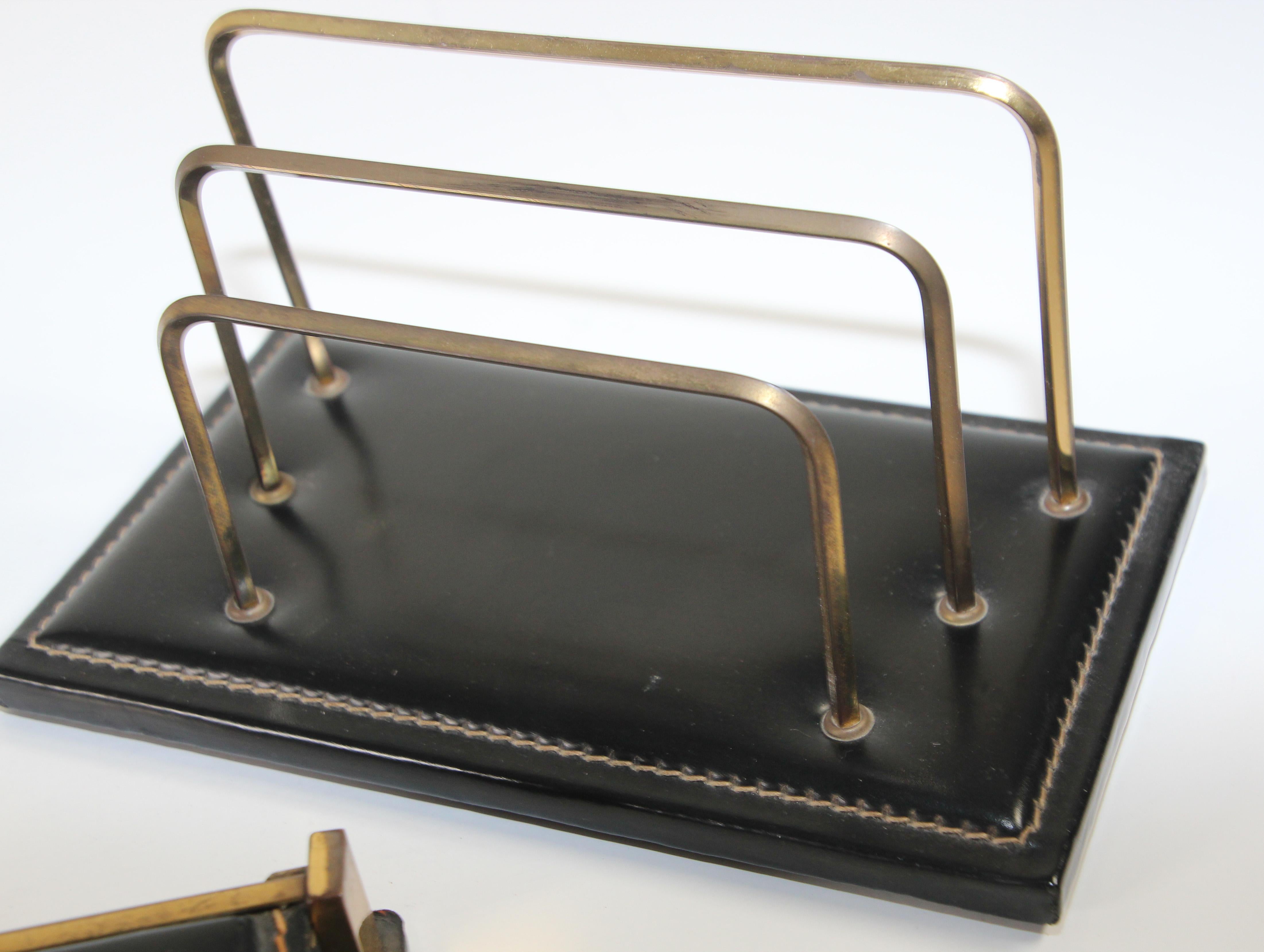 Jacques Adnet Art Deco Black Leather Saddle Stitching Brass Desk Set 1950 France 8