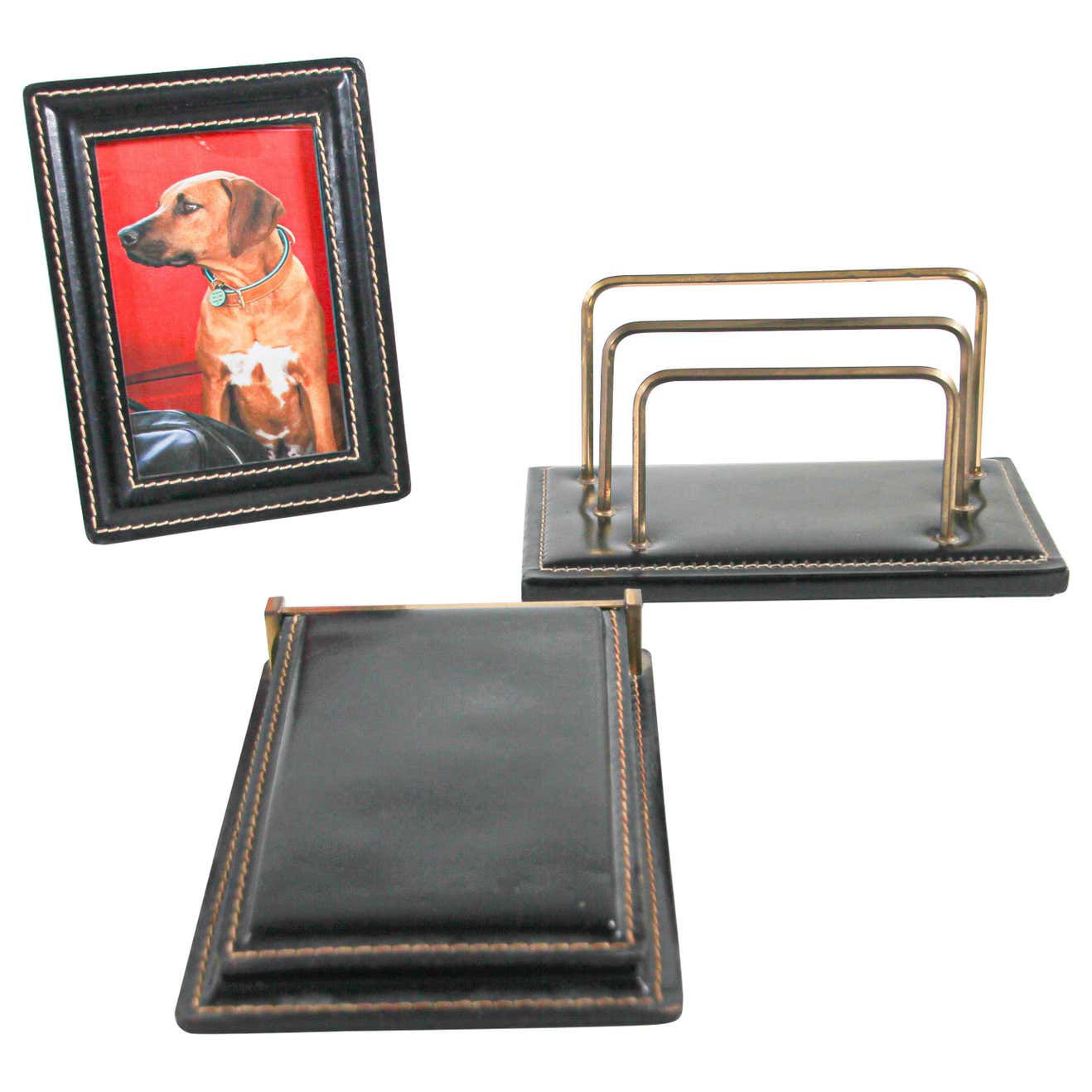 Vintage Black Leather and Brass Desk Set Letter Rack, Picture Frame and ...