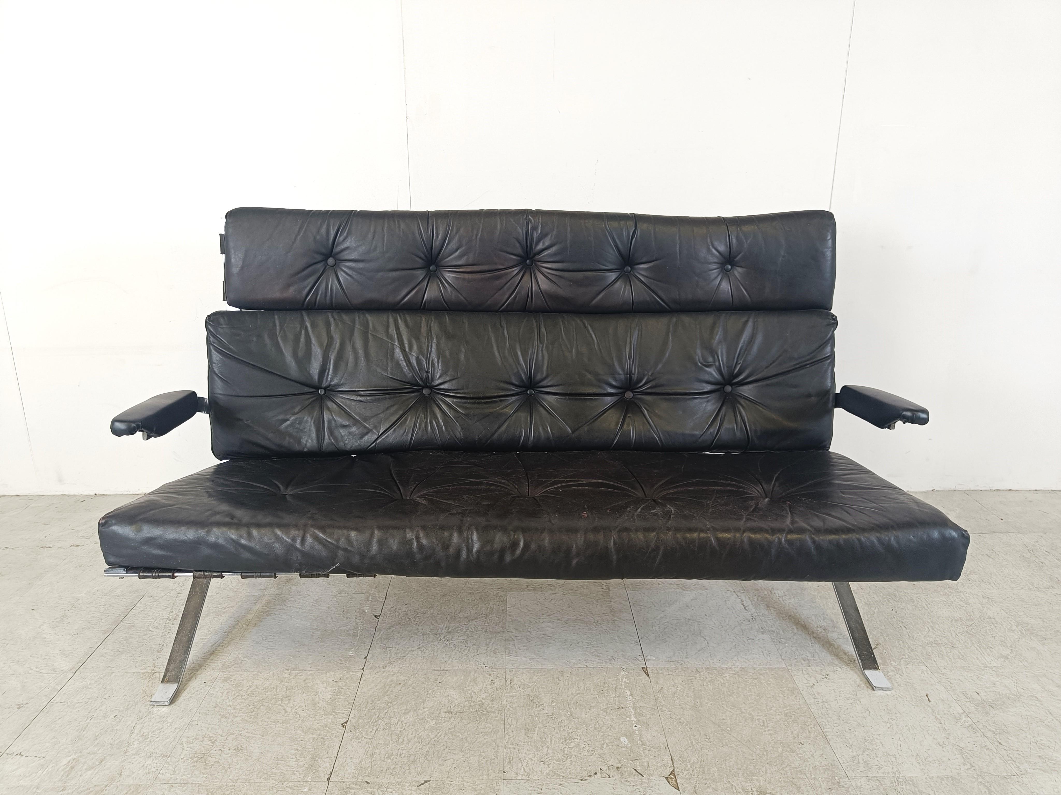 Belgian Vintage black leather and chrome sofa, 1970s For Sale