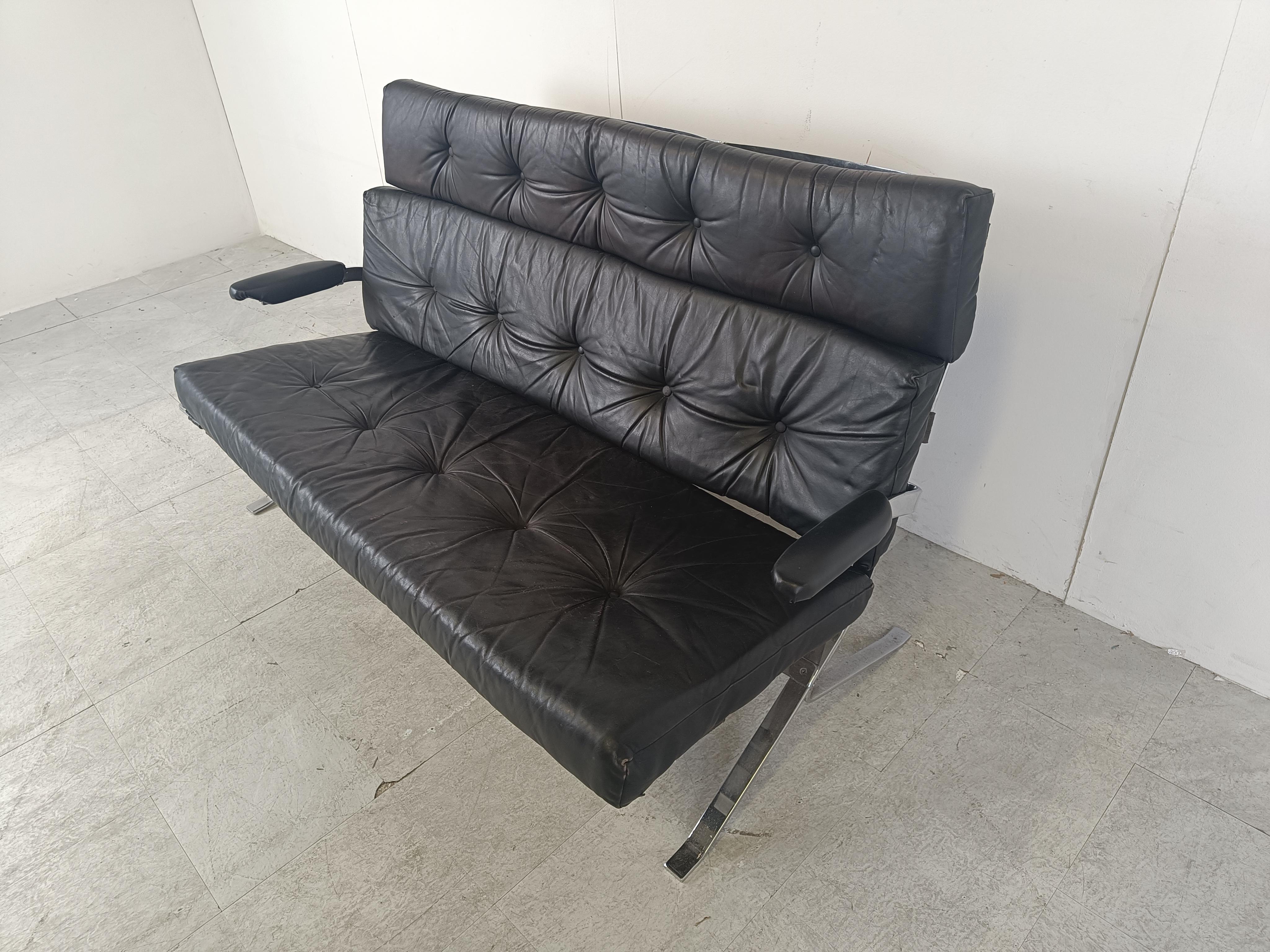 Vintage black leather and chrome sofa, 1970s For Sale 2