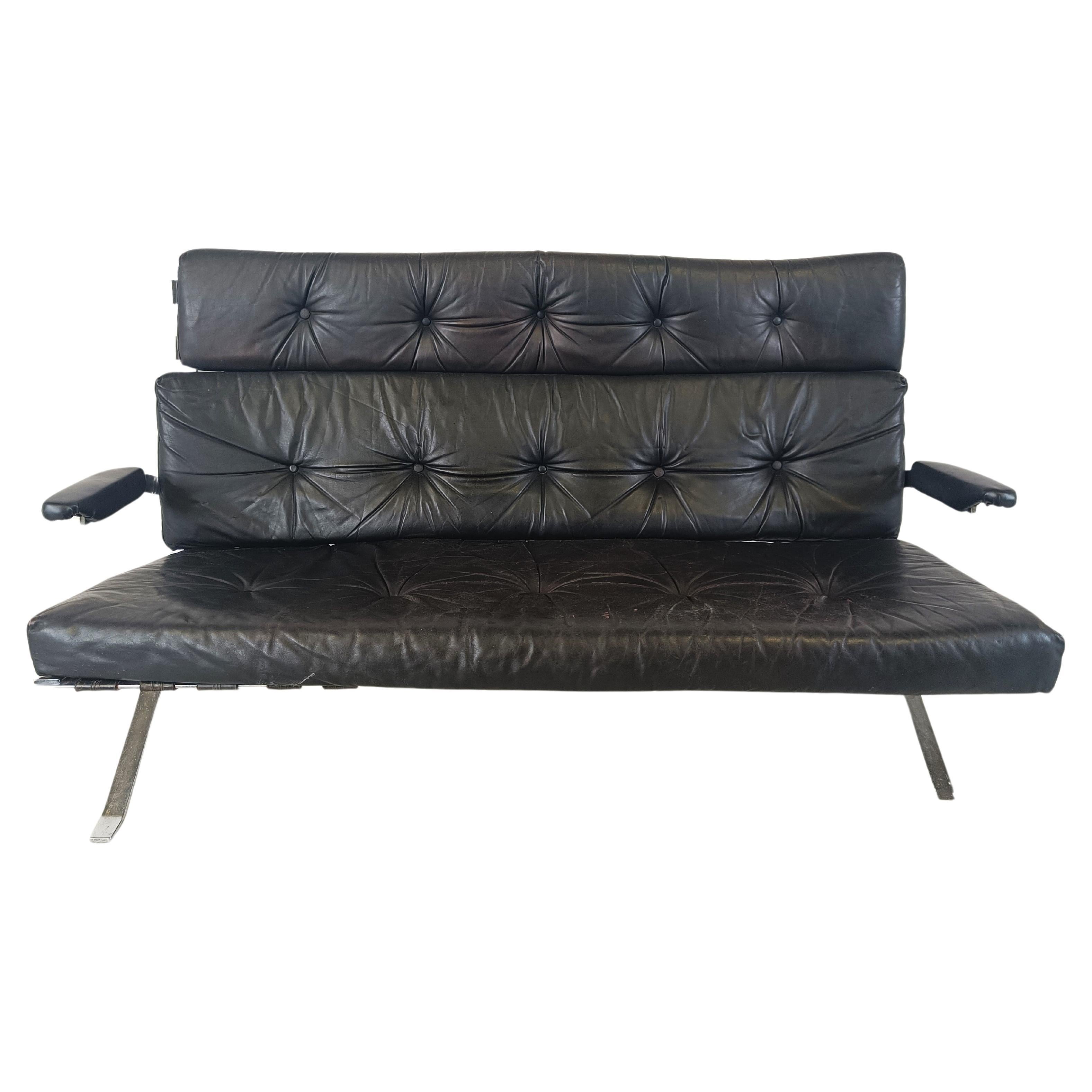 Vintage black leather and chrome sofa, 1970s For Sale