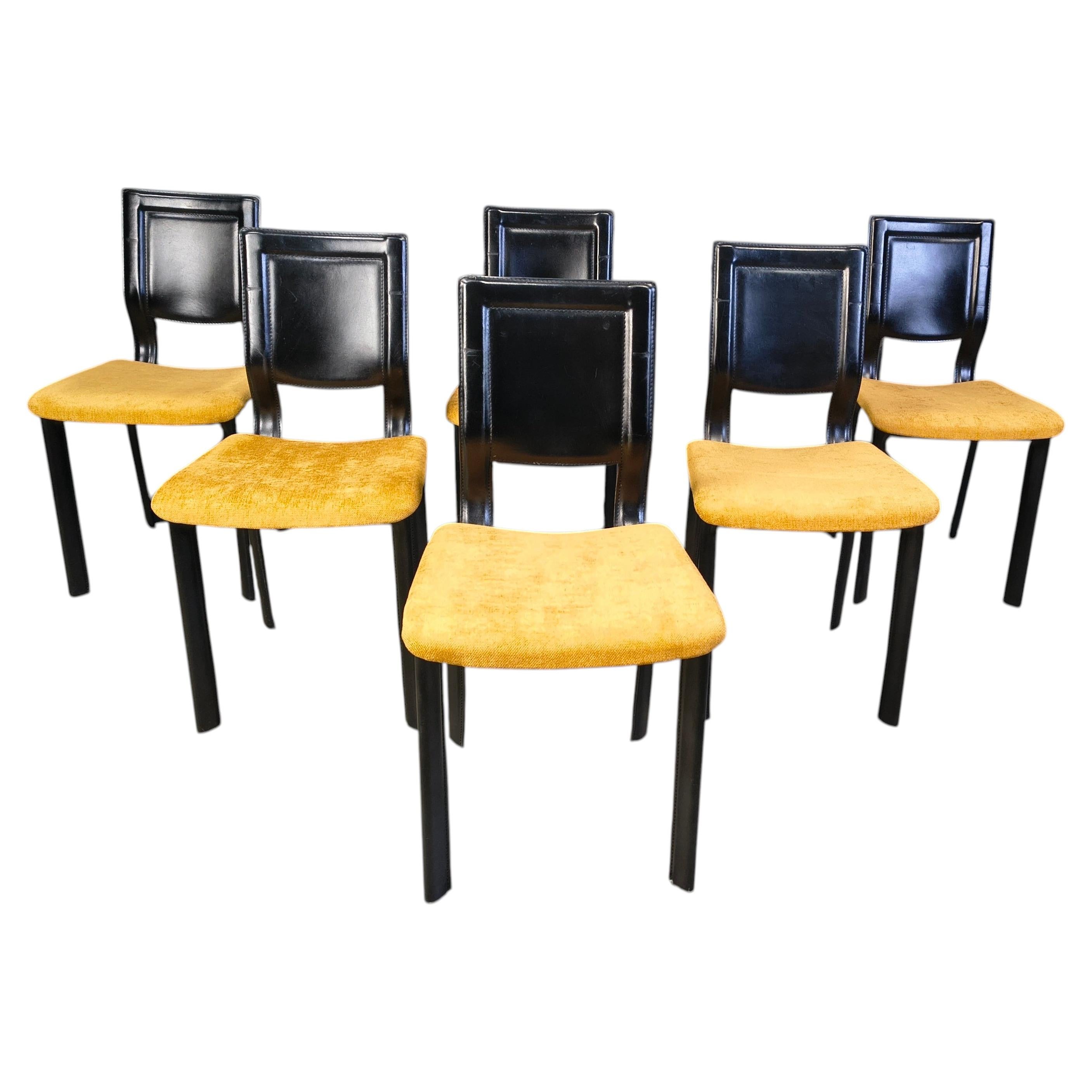 Vintage black leather and fabric dining chairs, 1980s For Sale