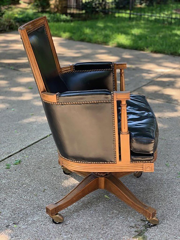 Vintage Black Leather and Oak 'Baker' Swivel Office Desk Chair For Sale at 1stdibs