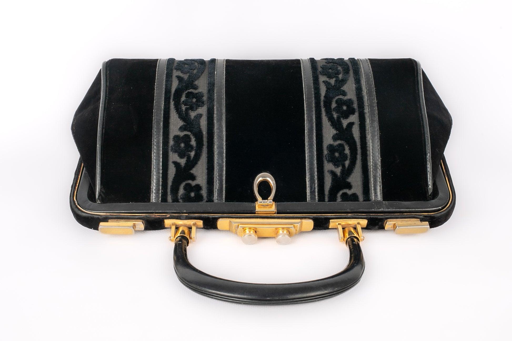 Sac à main vintage en cuir et velours noir Bon état - En vente à SAINT-OUEN-SUR-SEINE, FR