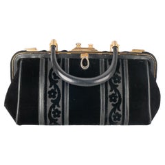 Vintage Black Leather and Velvet Handbag