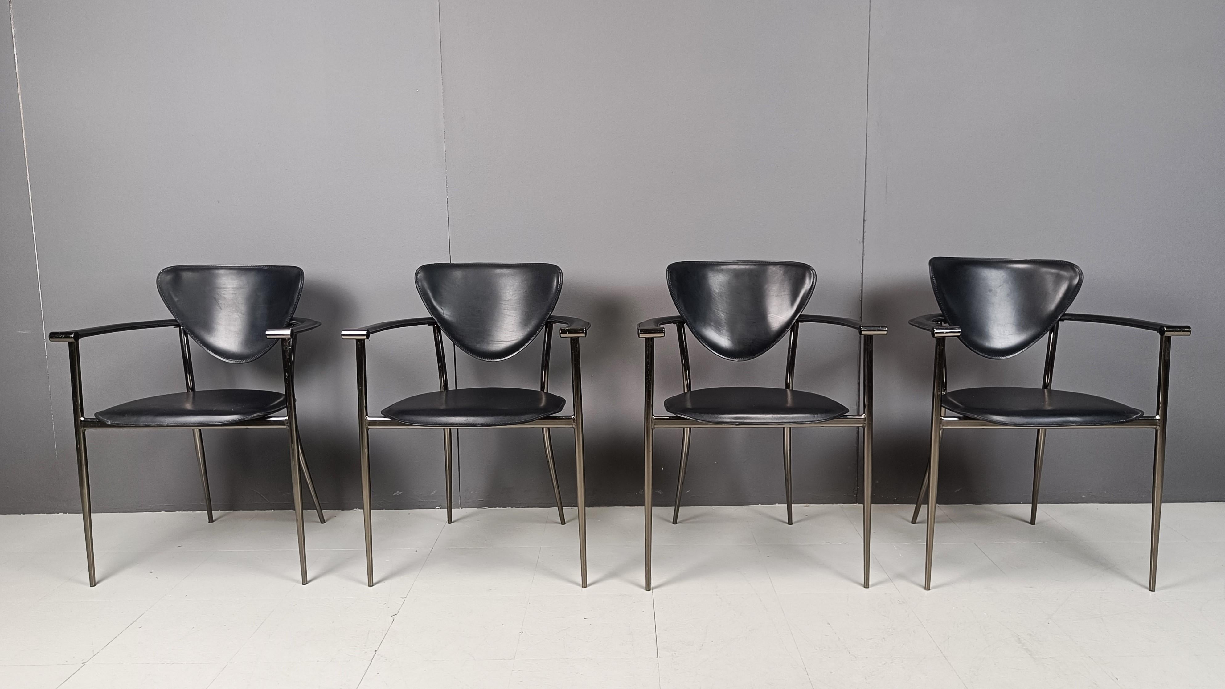 Italian Vintage black leather armchairs by Arrben Italy, 1980s - set of 4