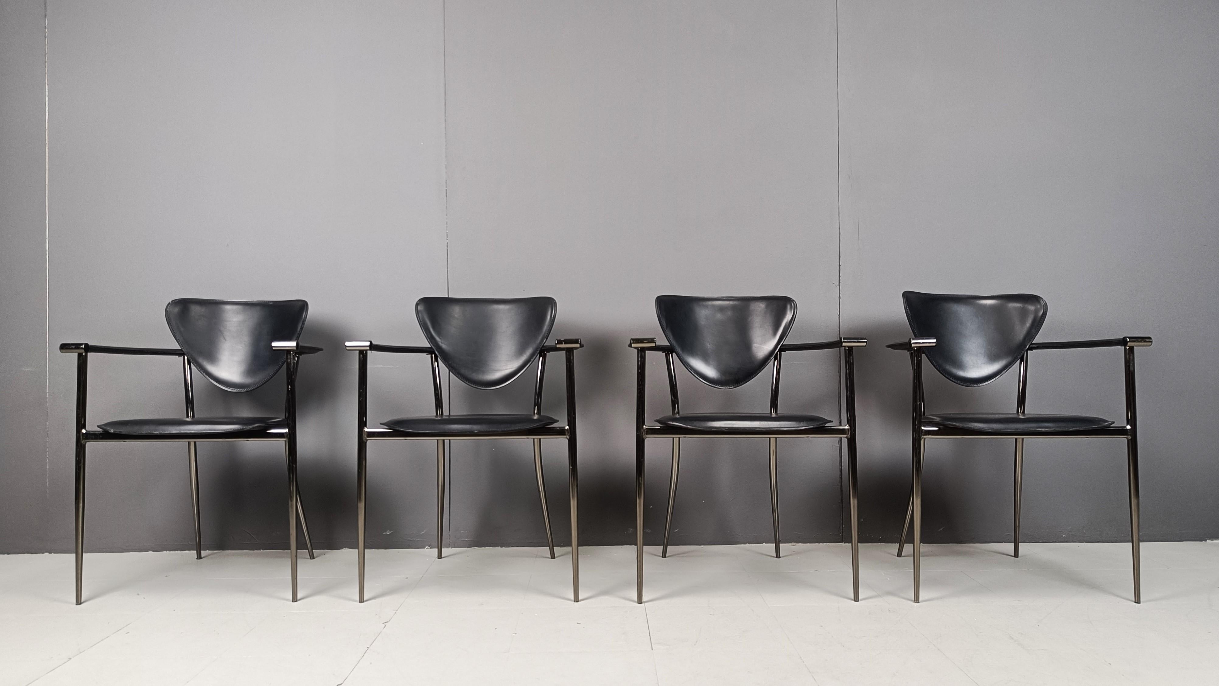 Vintage black leather armchairs by Arrben Italy, 1980s - set of 4 In Good Condition In Leuven, Vlaams Gewest