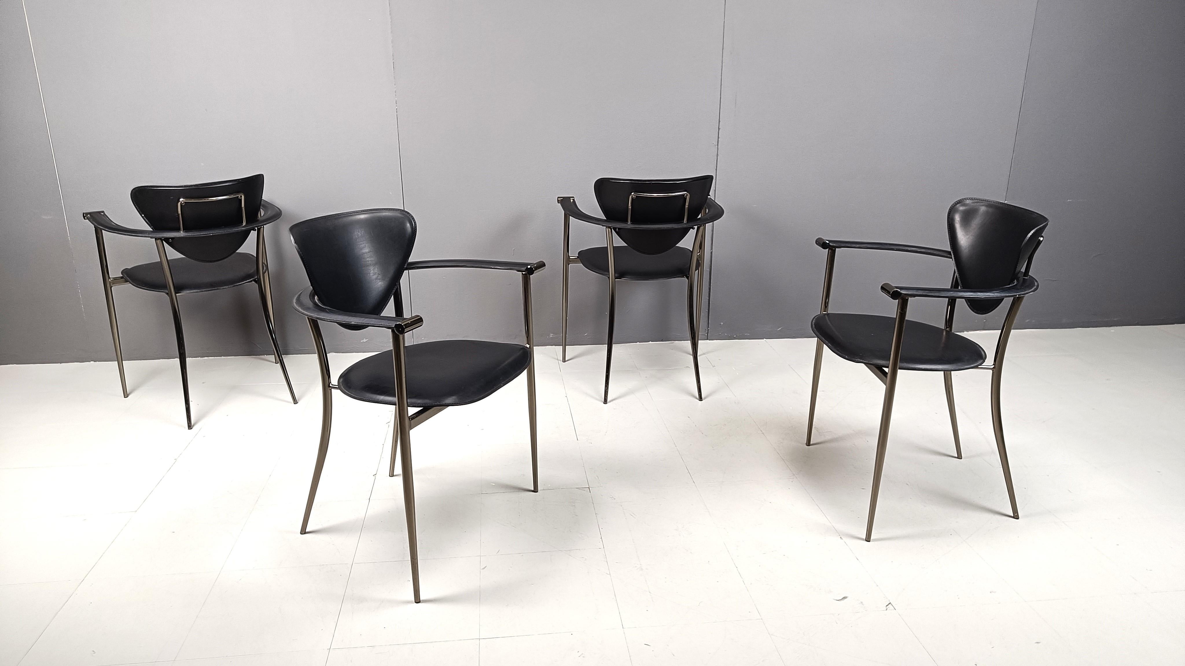 Metal Vintage black leather armchairs by Arrben Italy, 1980s - set of 4