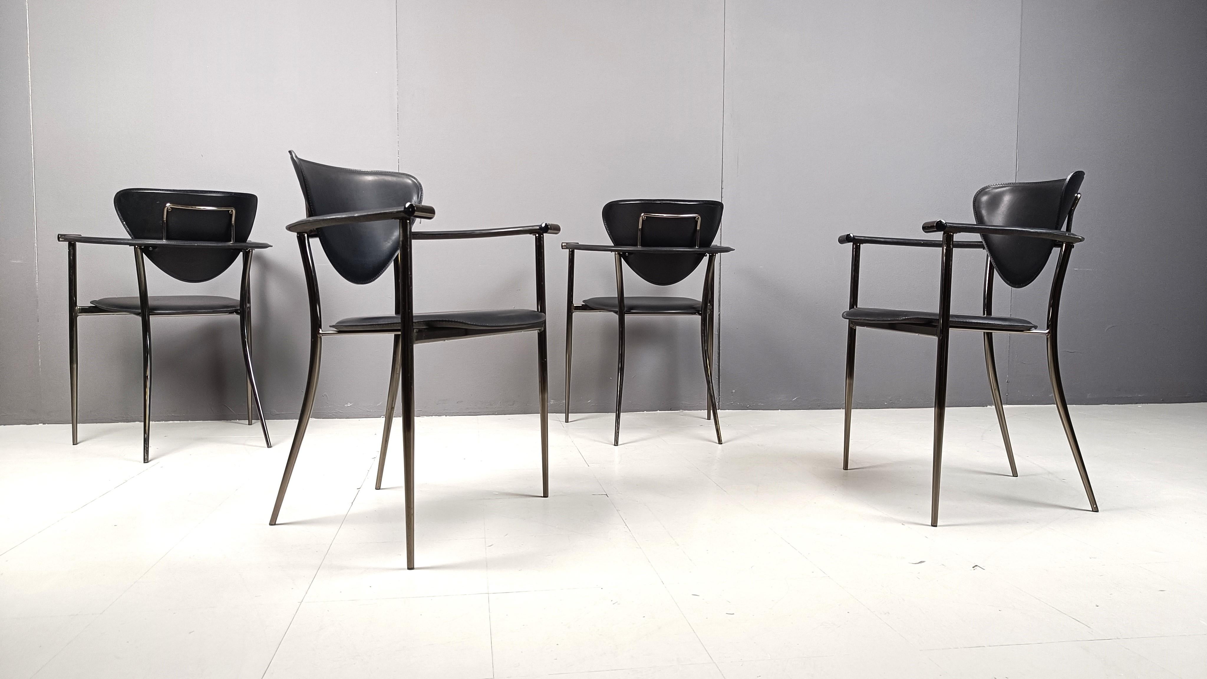Vintage black leather armchairs by Arrben Italy, 1980s - set of 4 1