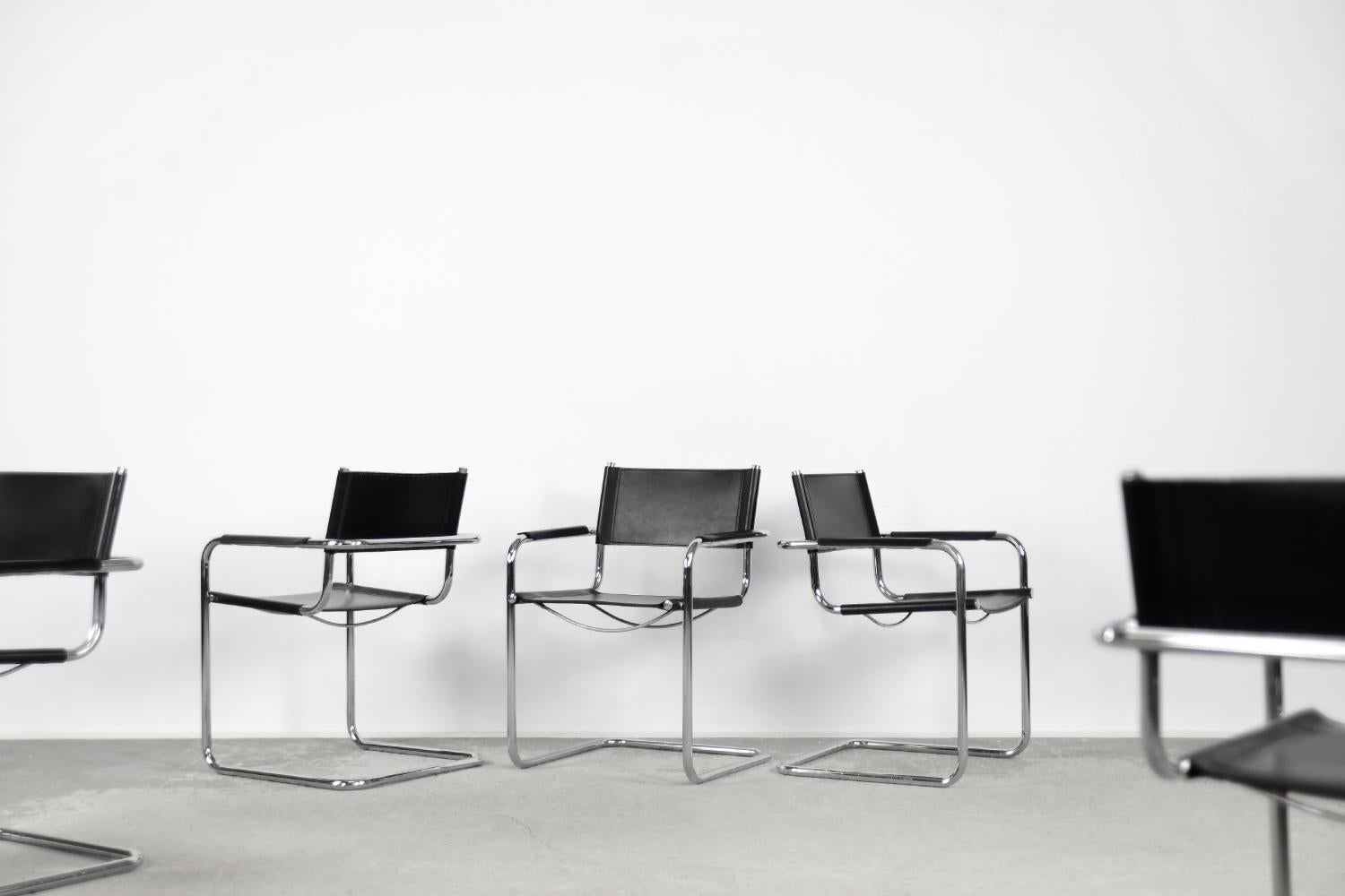 Vintage German Cubic Black Leather Bauhaus Cantilever Chair, 1960s, Set of 5 1