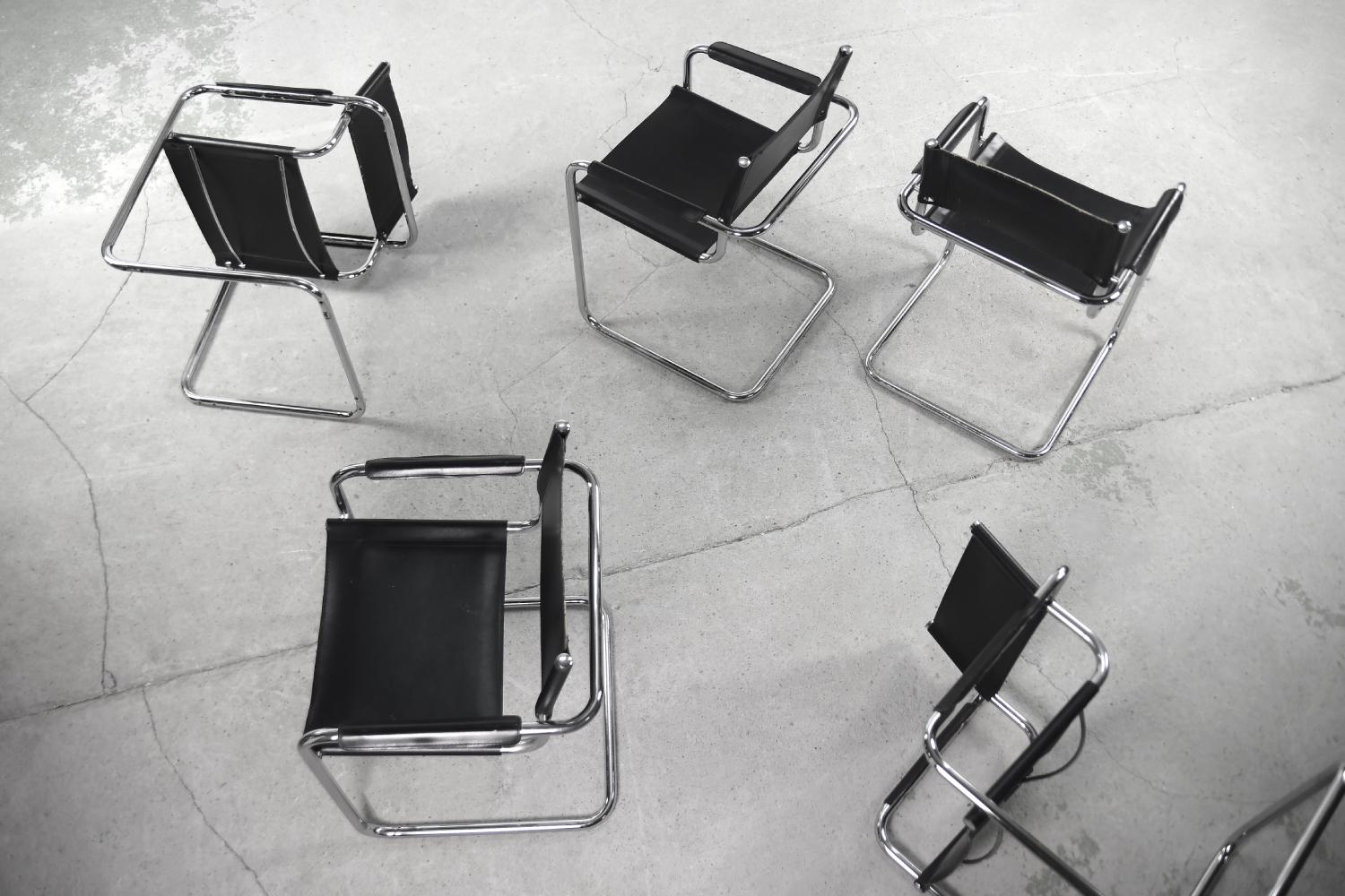 Vintage German Cubic Black Leather Bauhaus Cantilever Chair, 1960s, Set of 5 8