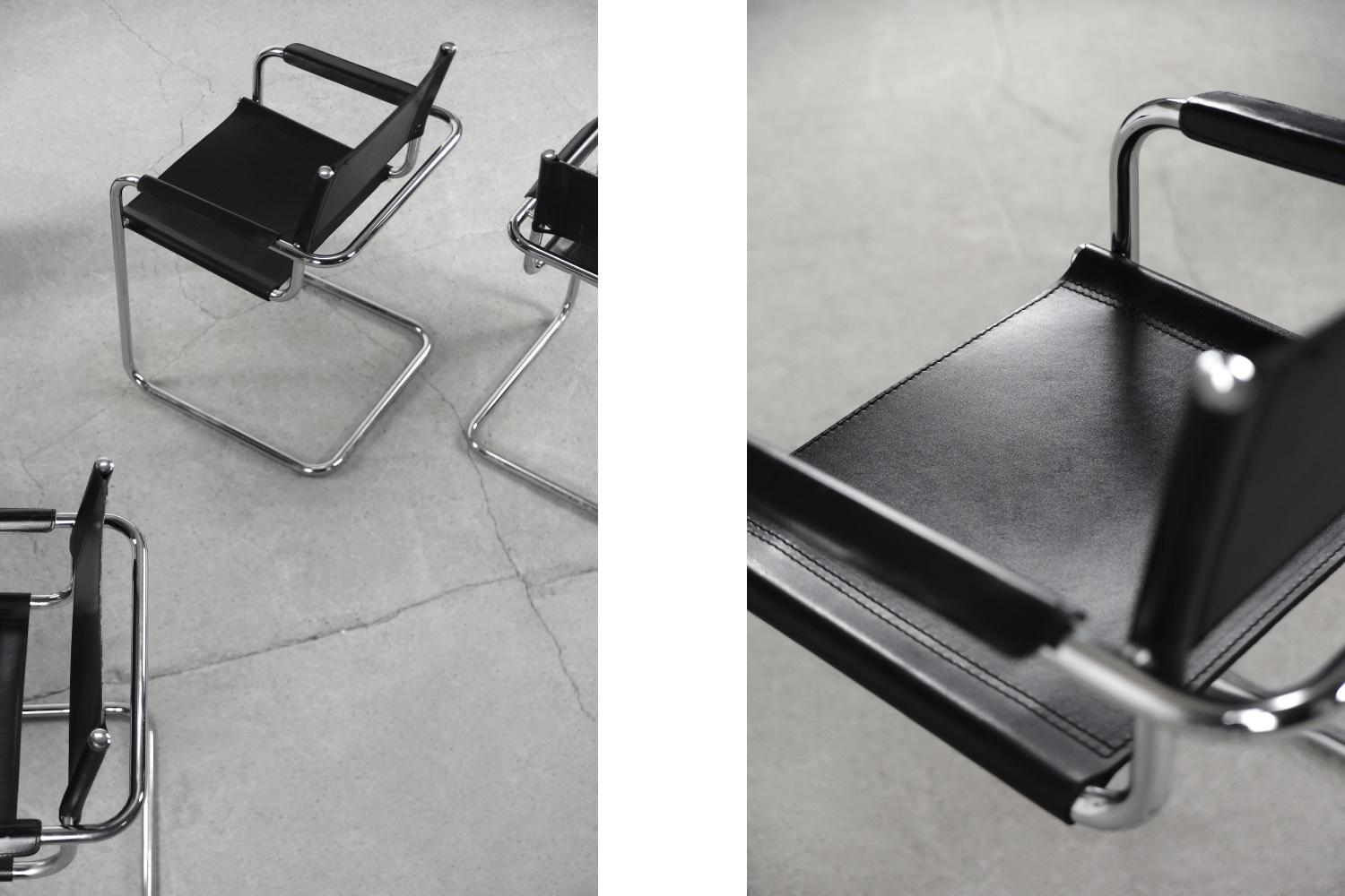 Mid-20th Century Vintage German Cubic Black Leather Bauhaus Cantilever Chair, 1960s, Set of 5