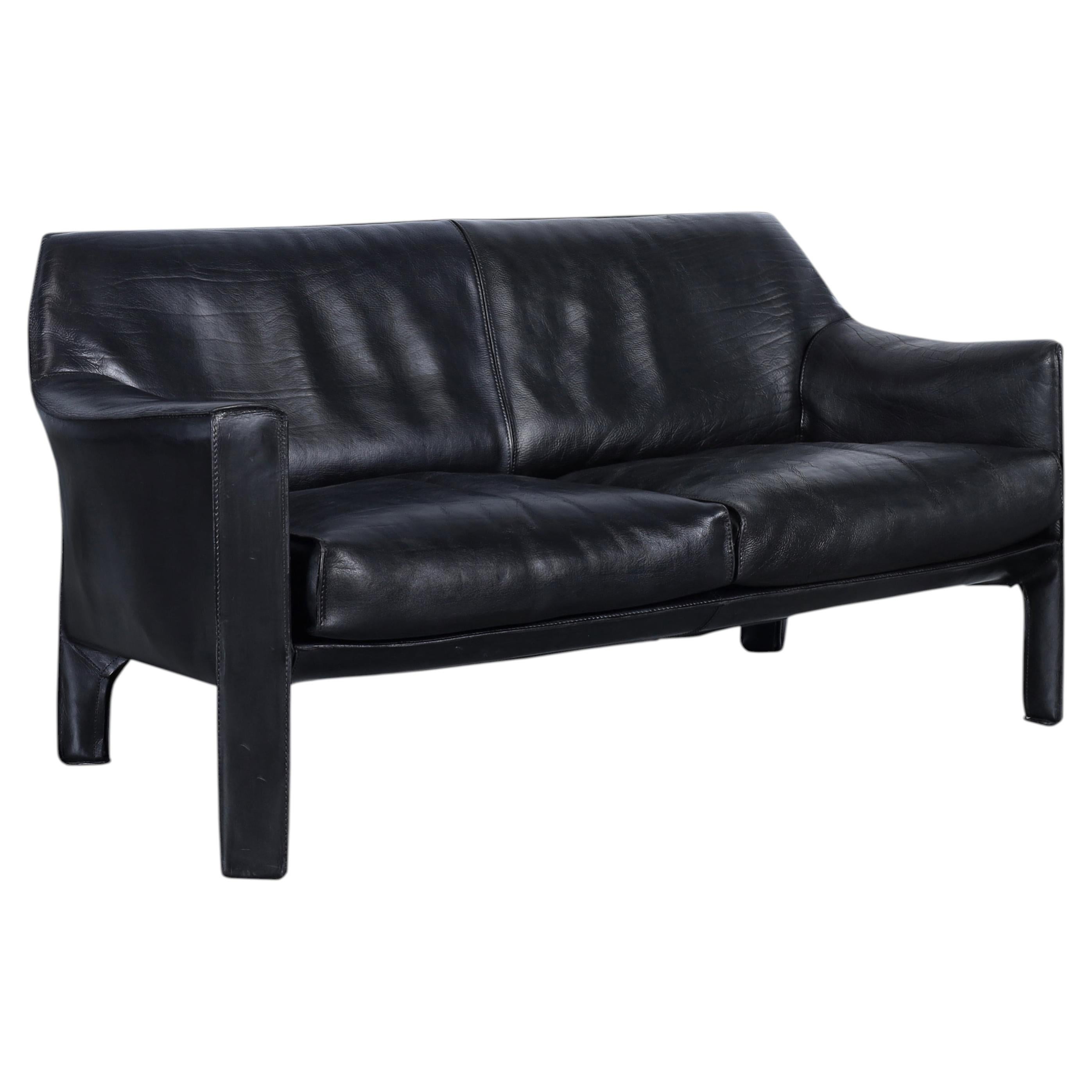Vintage Black Leather Cab 415 Settee by Mario Bellini for Cassina