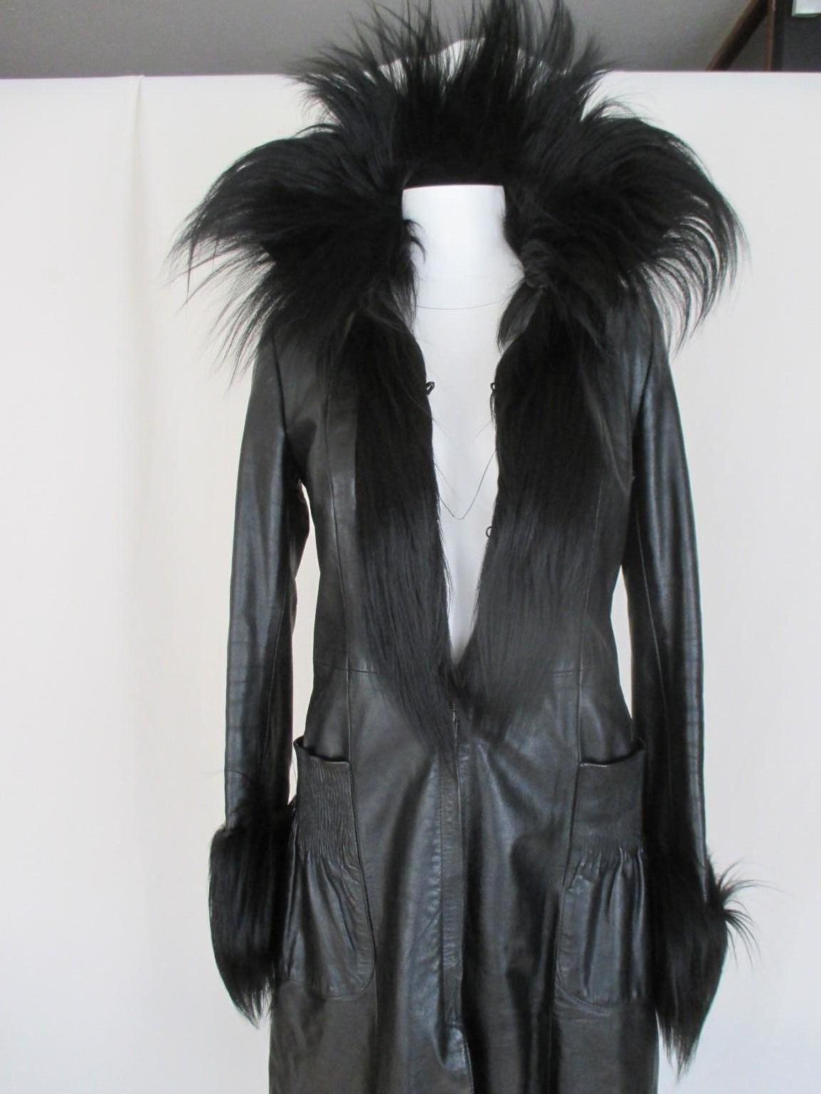 Vintage Black Leather coat with Fur For Sale 3