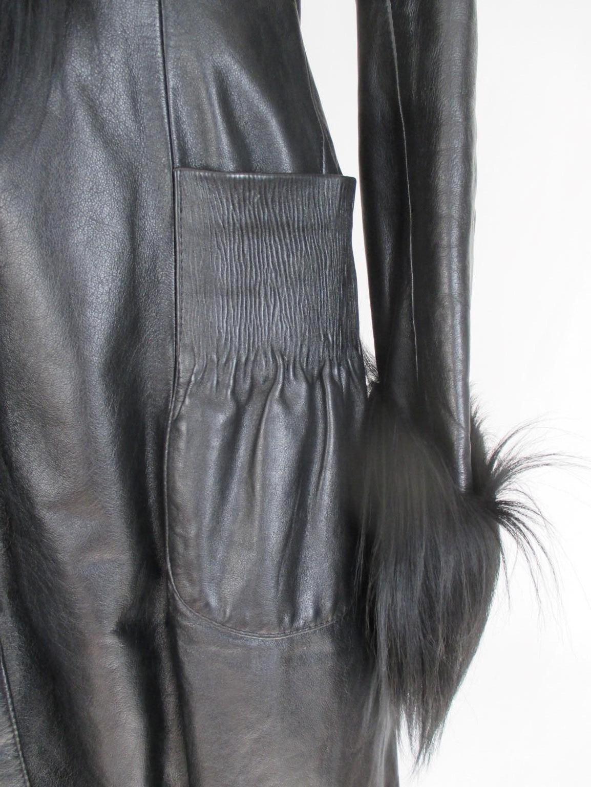 Vintage Black Leather coat with Fur For Sale 1