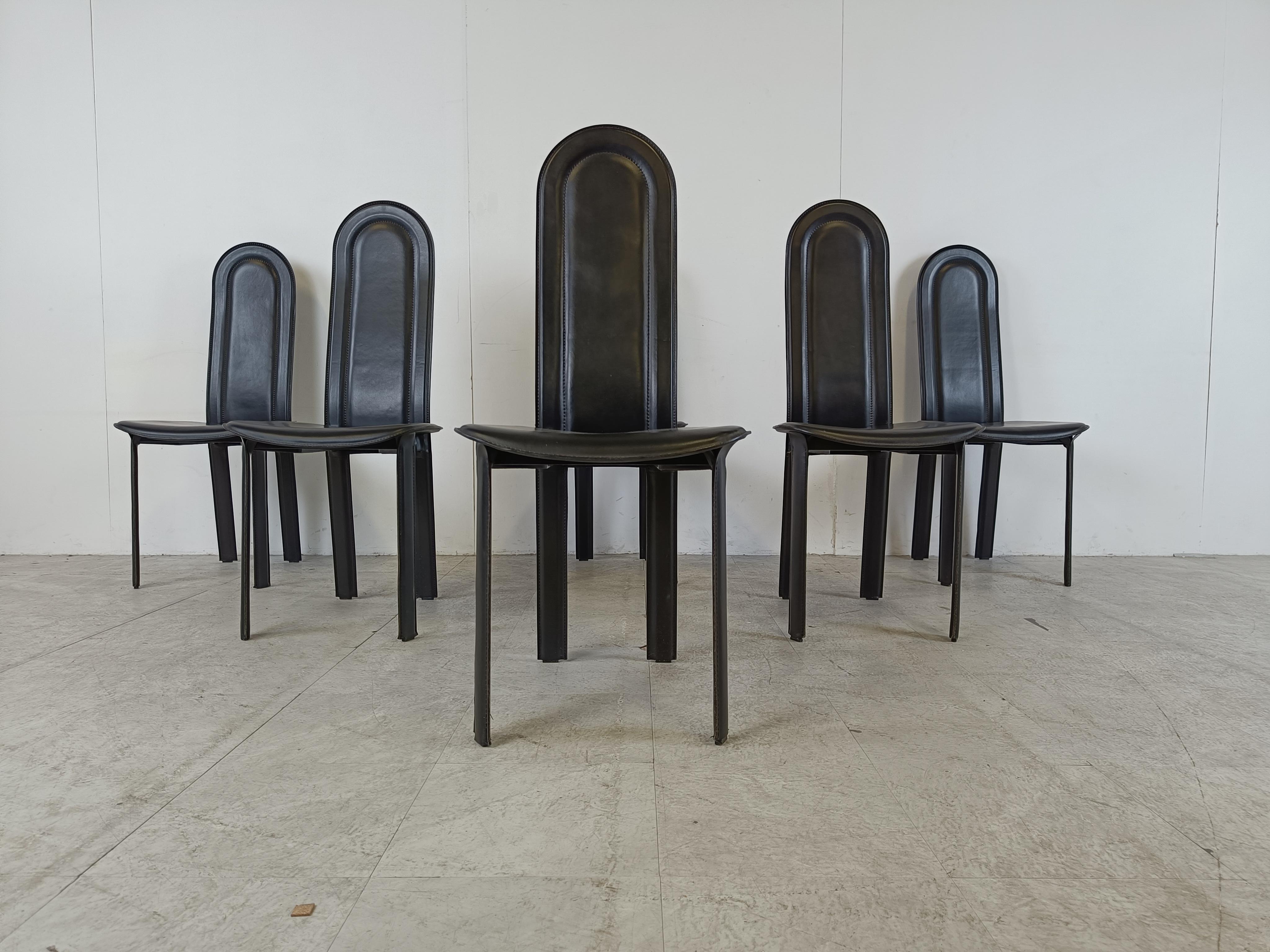 Mid-Century Modern Vintage black leather dining chairs by Calligaris, set of 6, 1980s