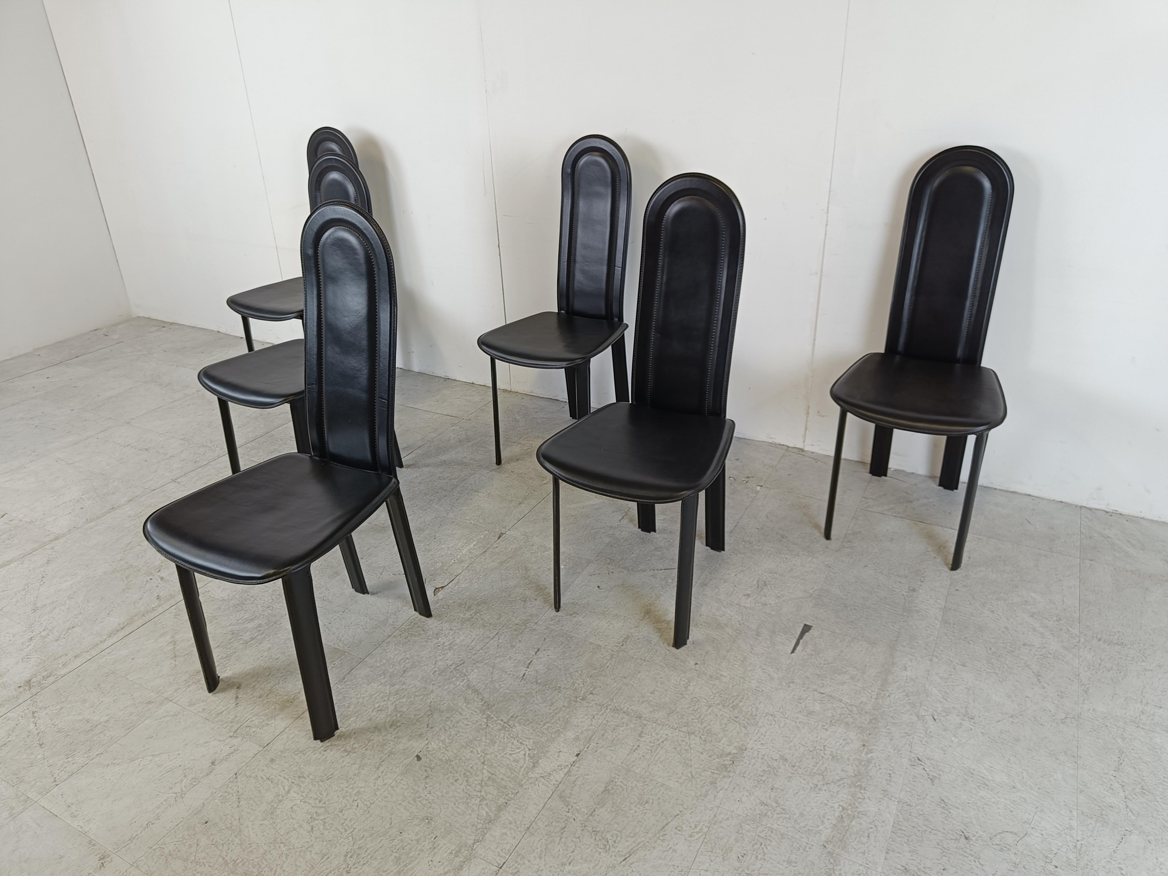 Italian Vintage black leather dining chairs by Calligaris, set of 6, 1980s For Sale