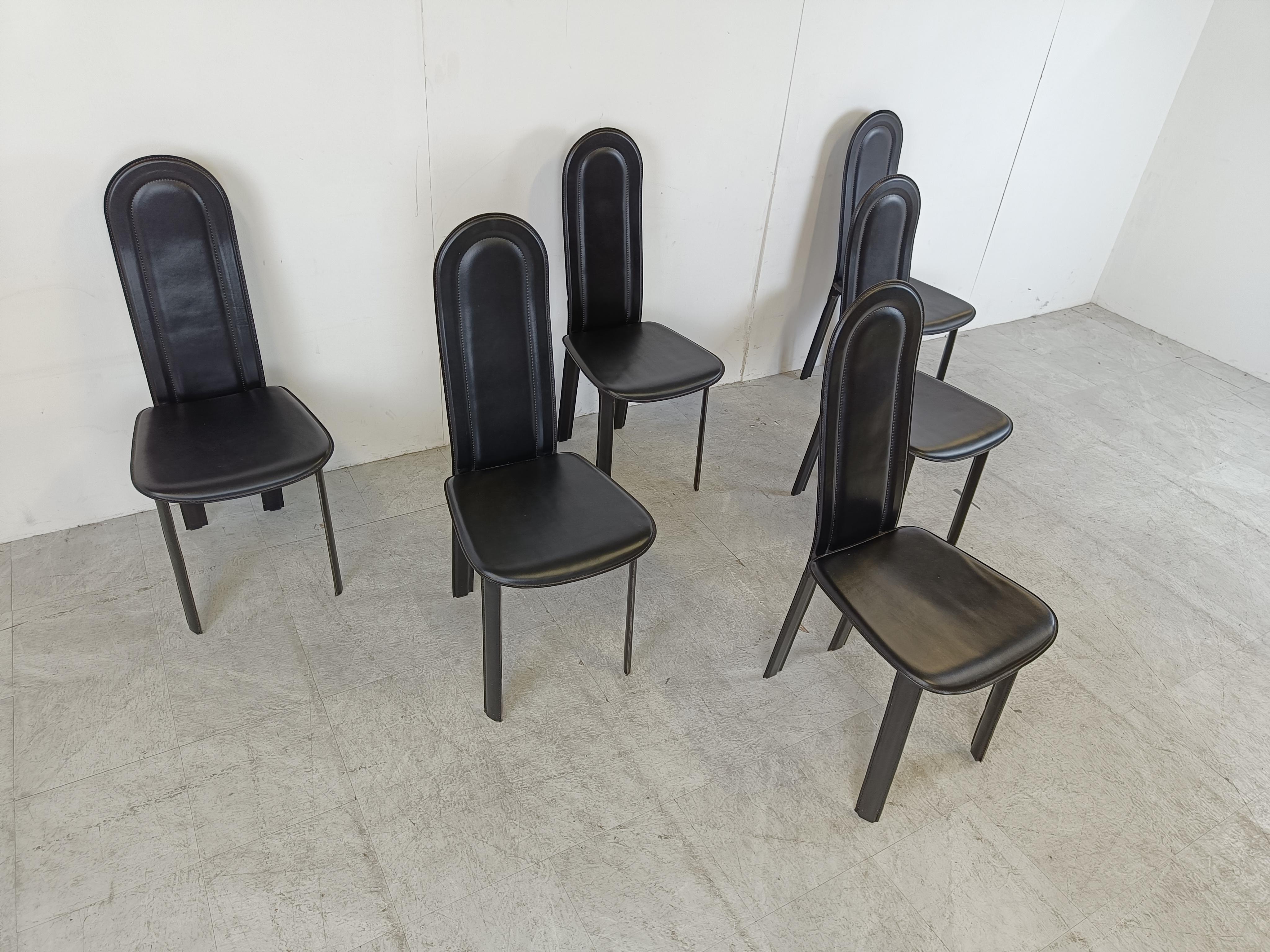 Vintage black leather dining chairs by Calligaris, set of 6, 1980s In Good Condition For Sale In HEVERLEE, BE