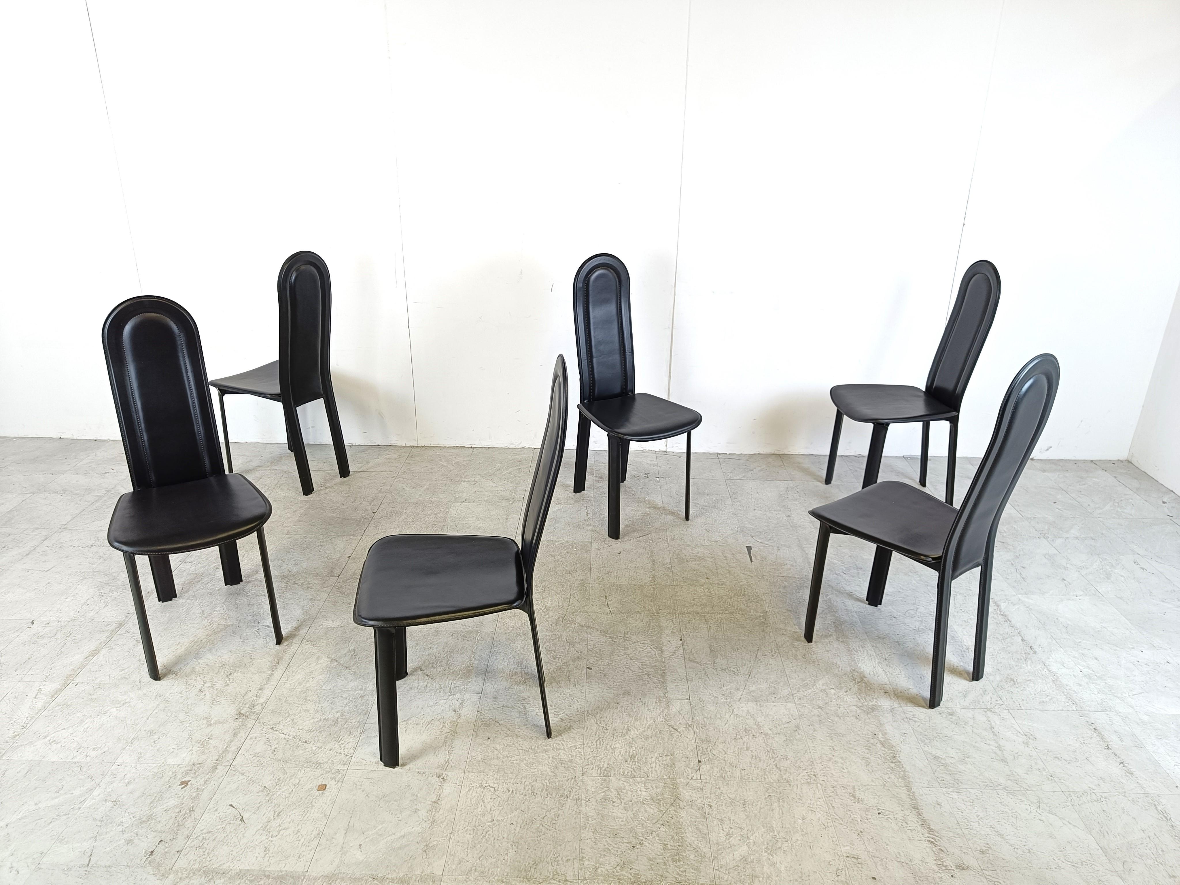 Late 20th Century Vintage black leather dining chairs by Calligaris, set of 6, 1980s For Sale
