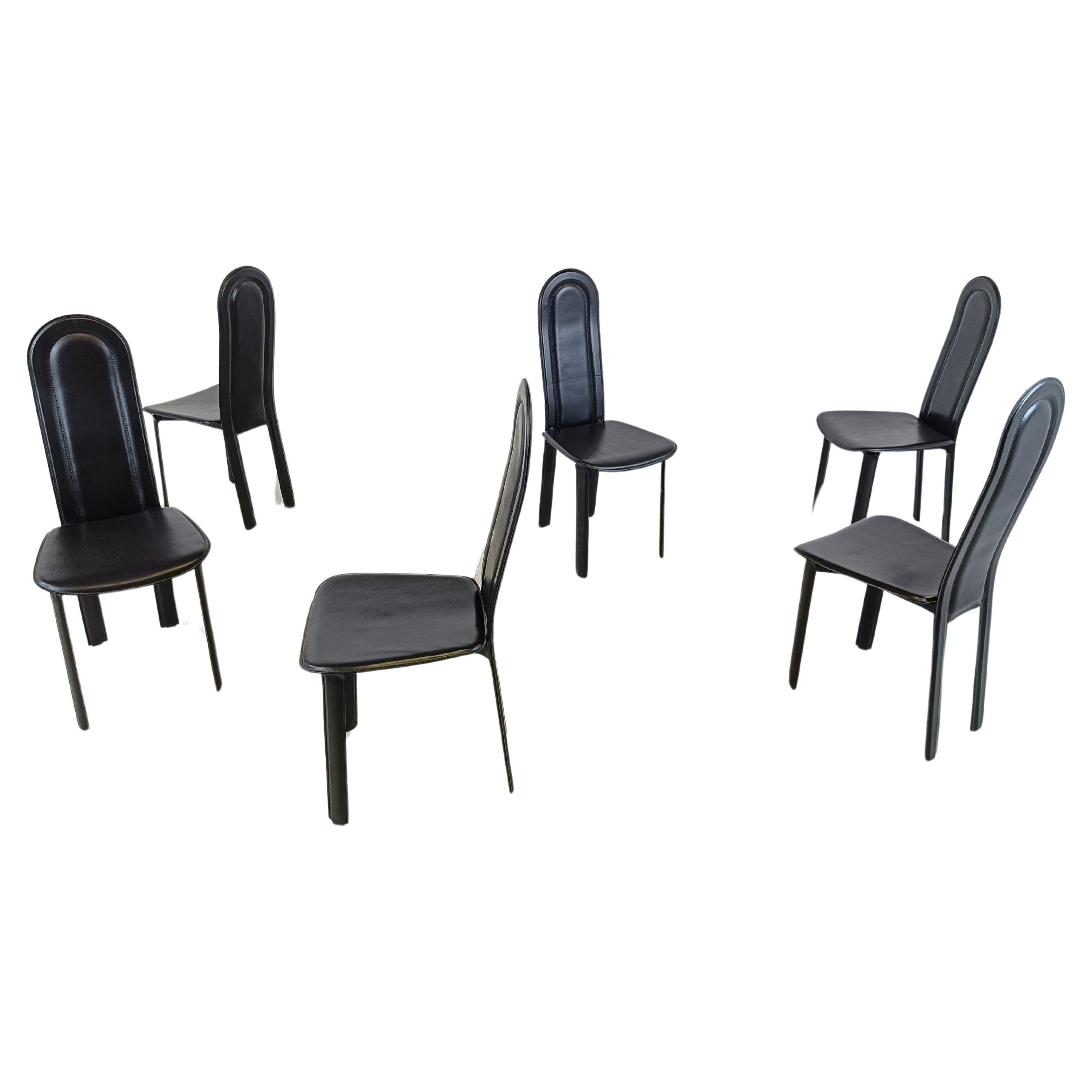 Vintage black leather dining chairs by Calligaris, set of 6, 1980s For Sale