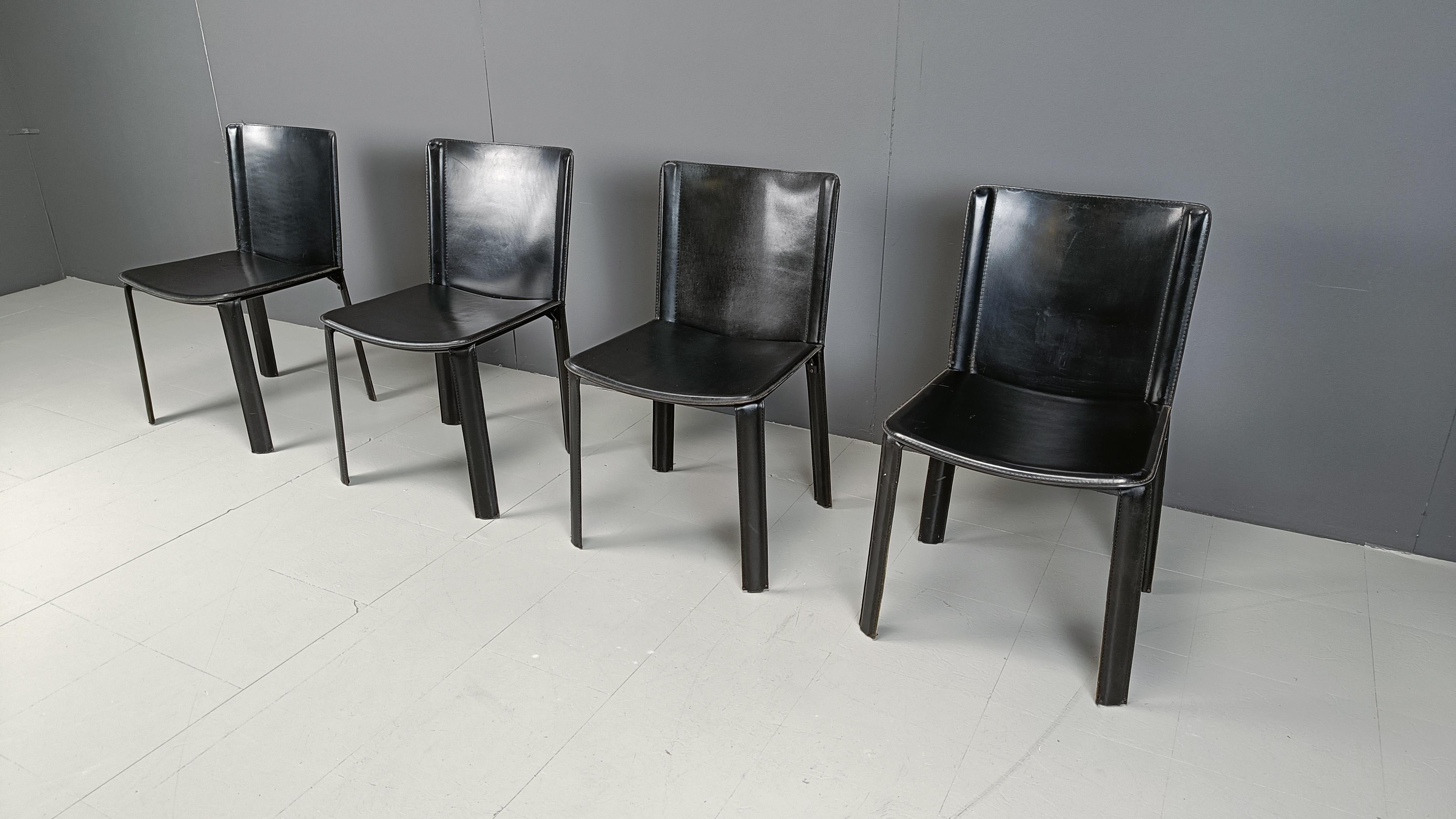 Late 20th Century Vintage black leather dining chairs by Cidue, set of 4 - 1980s