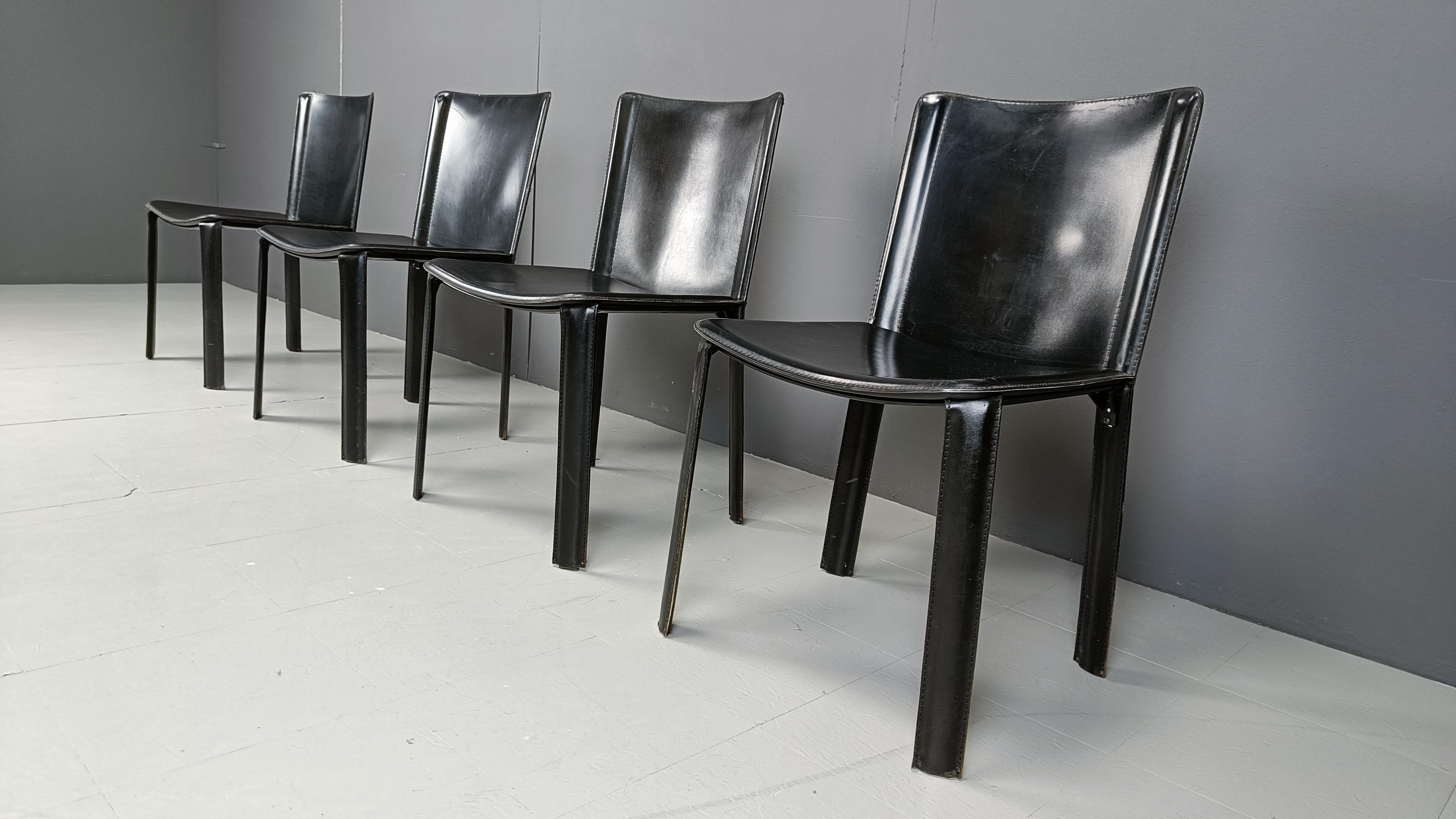 Vintage black leather dining chairs by Cidue, set of 4 - 1980s 1