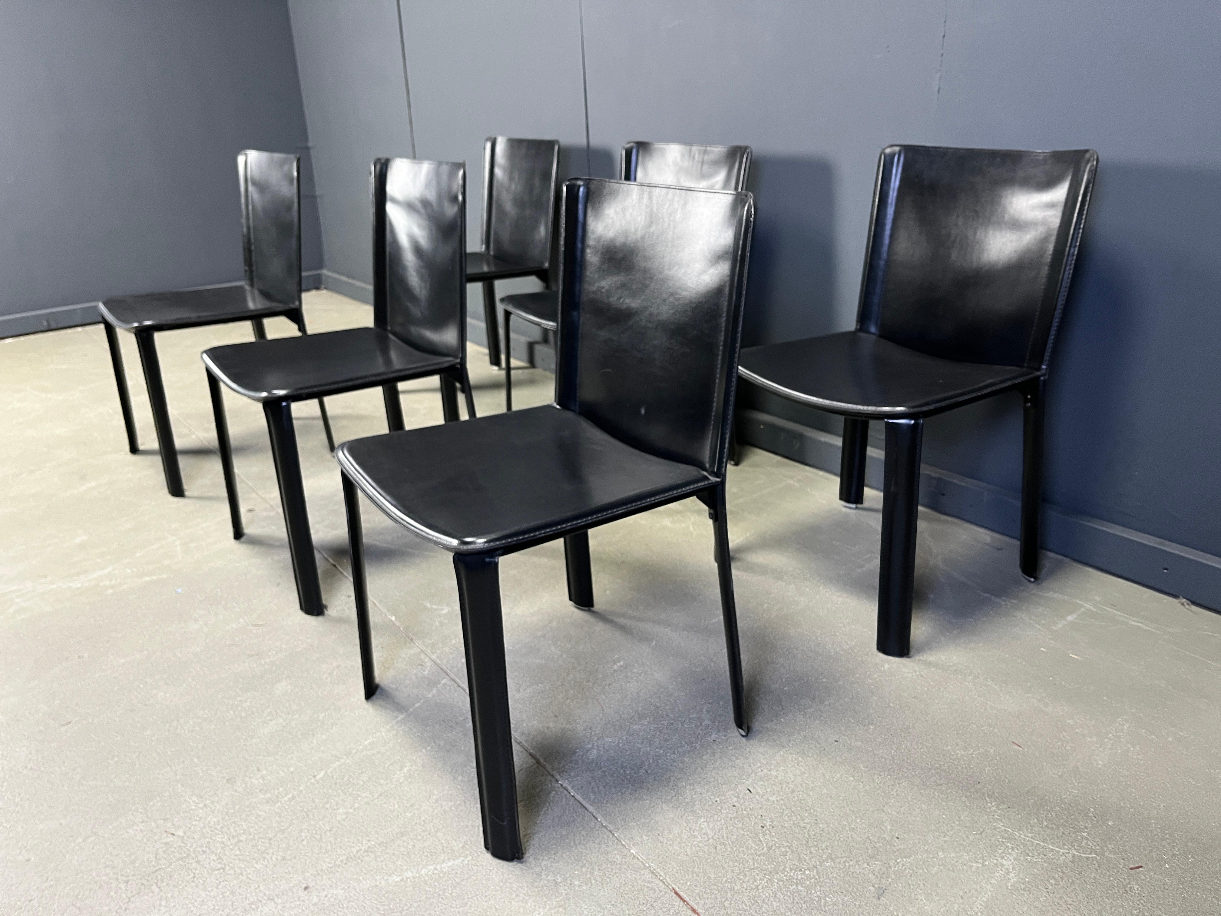 Vintage black leather dining chairs by Cidue, set of 6 - 1980s im Angebot 5