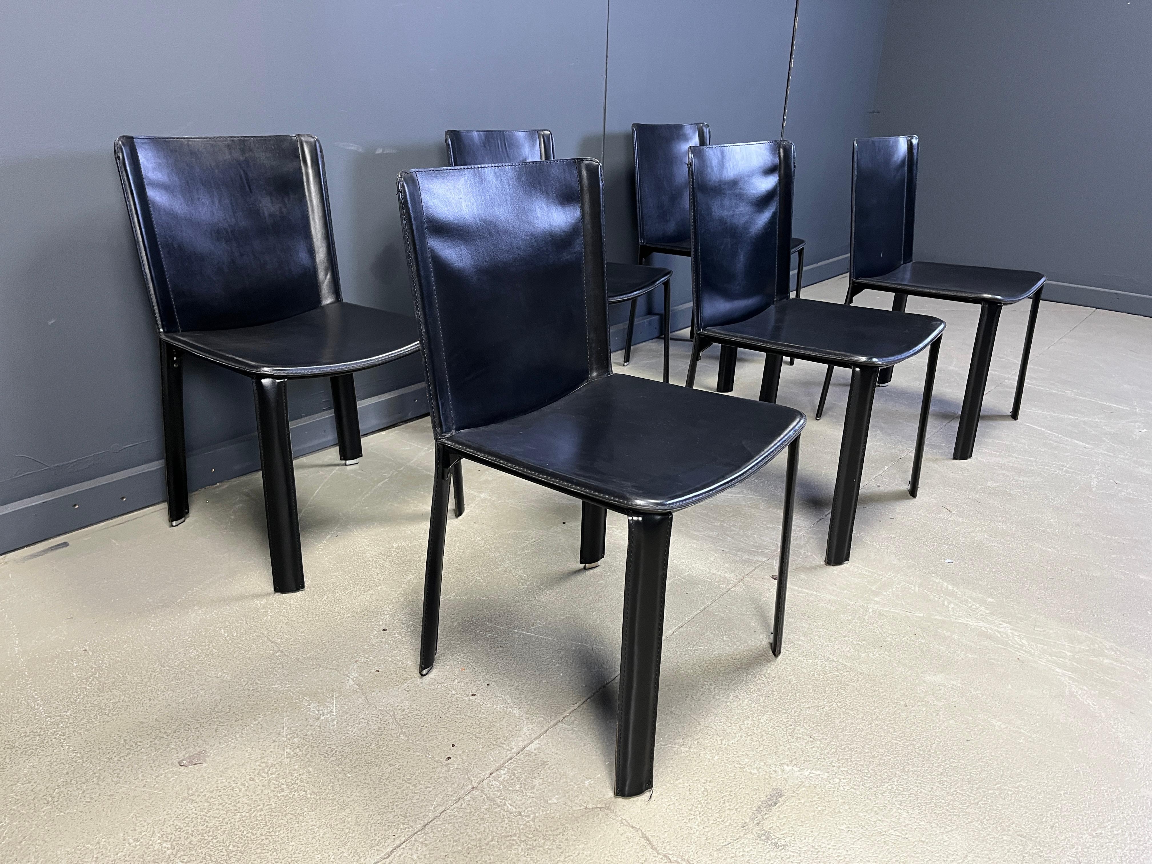 Vintage black leather dining chairs by Cidue, set of 6 - 1980s im Angebot 6