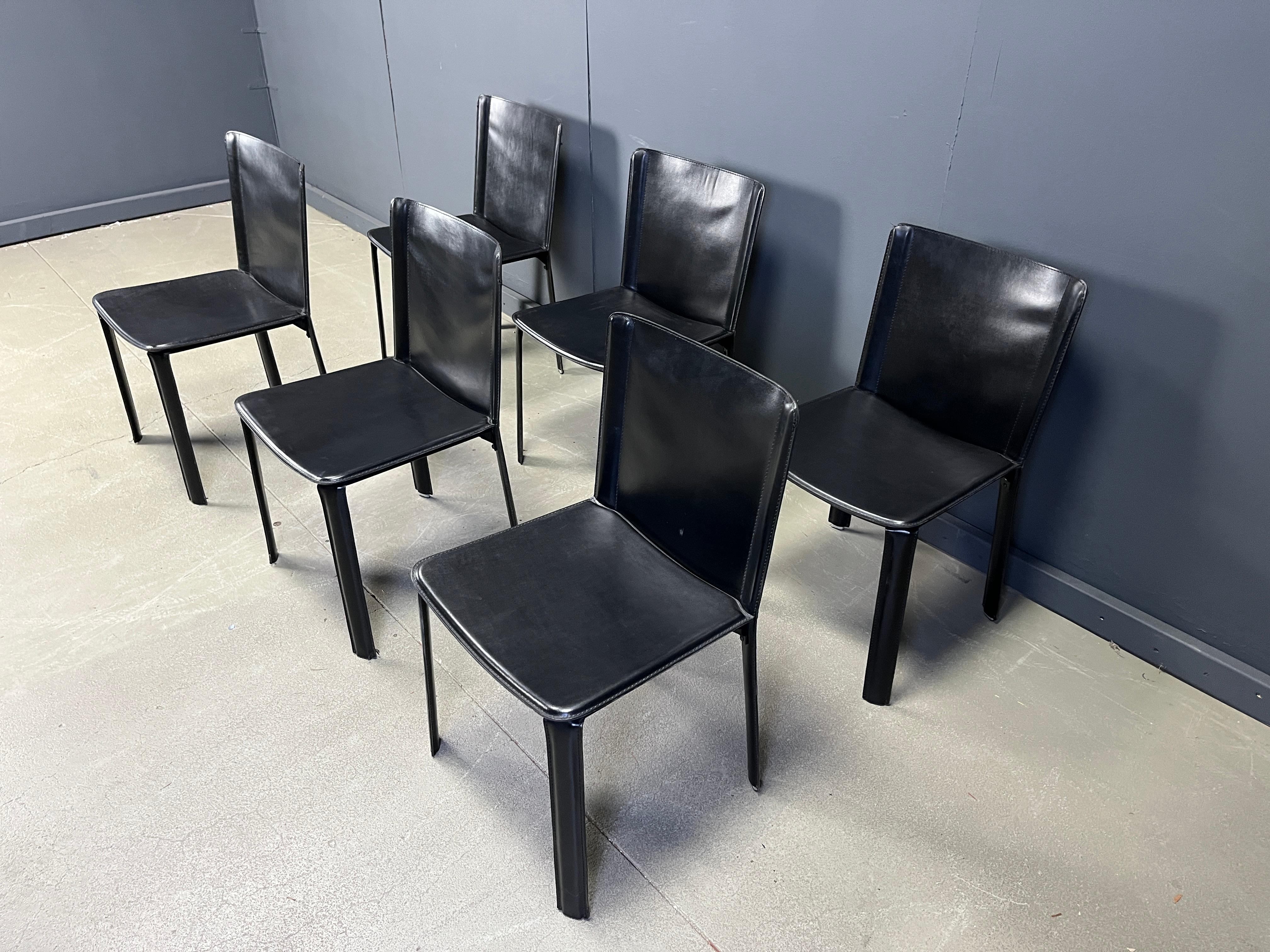 Vintage black leather dining chairs by Cidue, set of 6 - 1980s (Moderne der Mitte des Jahrhunderts) im Angebot