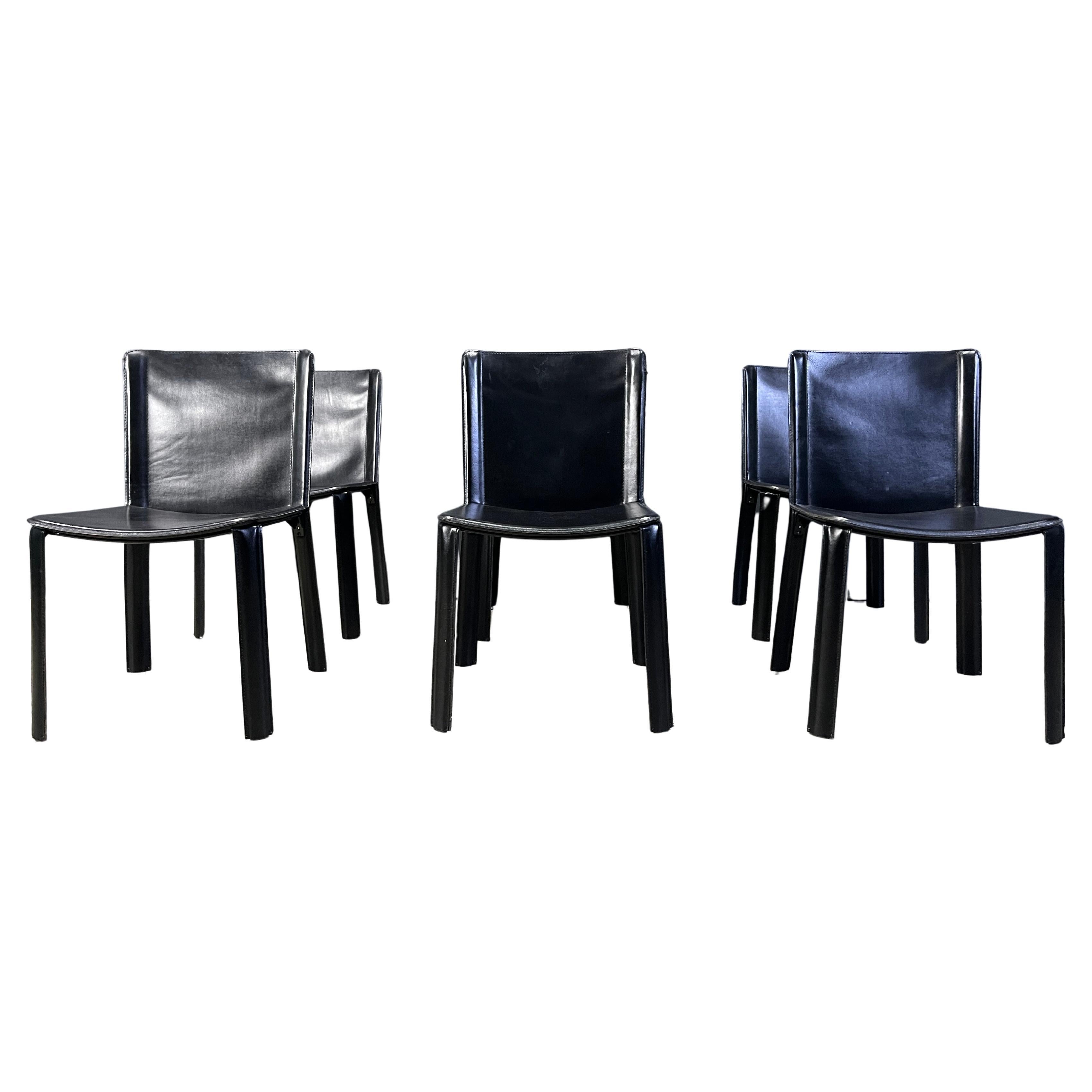 Vintage black leather dining chairs by Cidue, set of 6 - 1980s