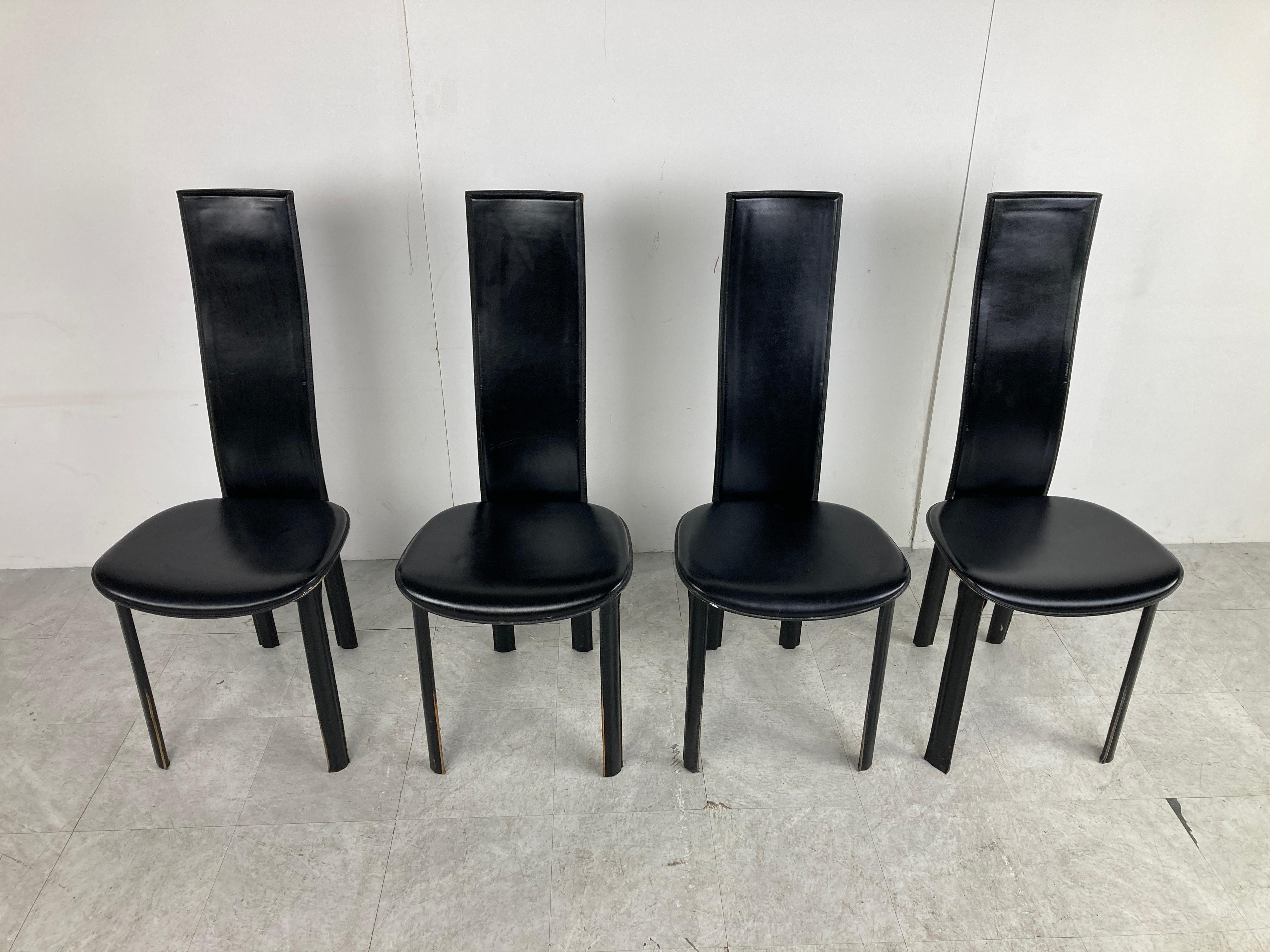 Italian Vintage Black Leather Dining Chairs, Set of 4, 1980s