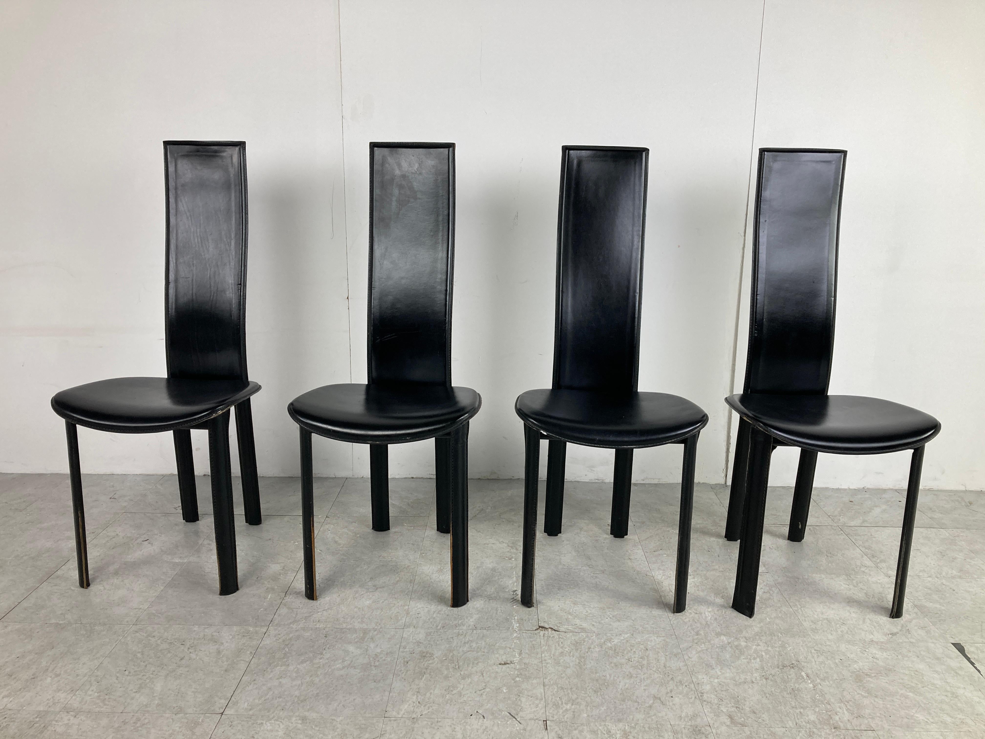 Vintage Black Leather Dining Chairs, Set of 4, 1980s In Good Condition In HEVERLEE, BE