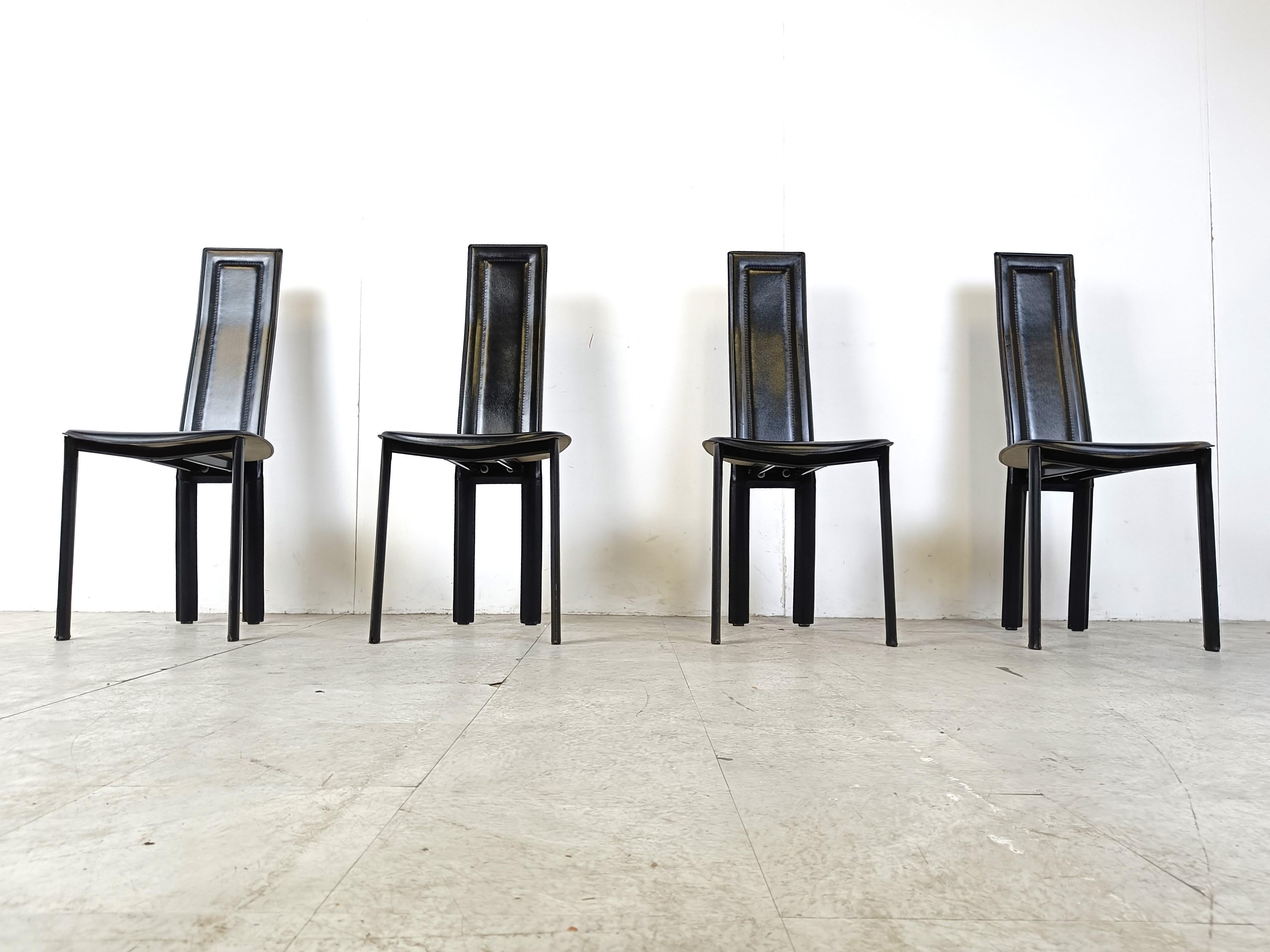 Vintage black leather dining chairs, set of 4, 1980s In Good Condition For Sale In HEVERLEE, BE