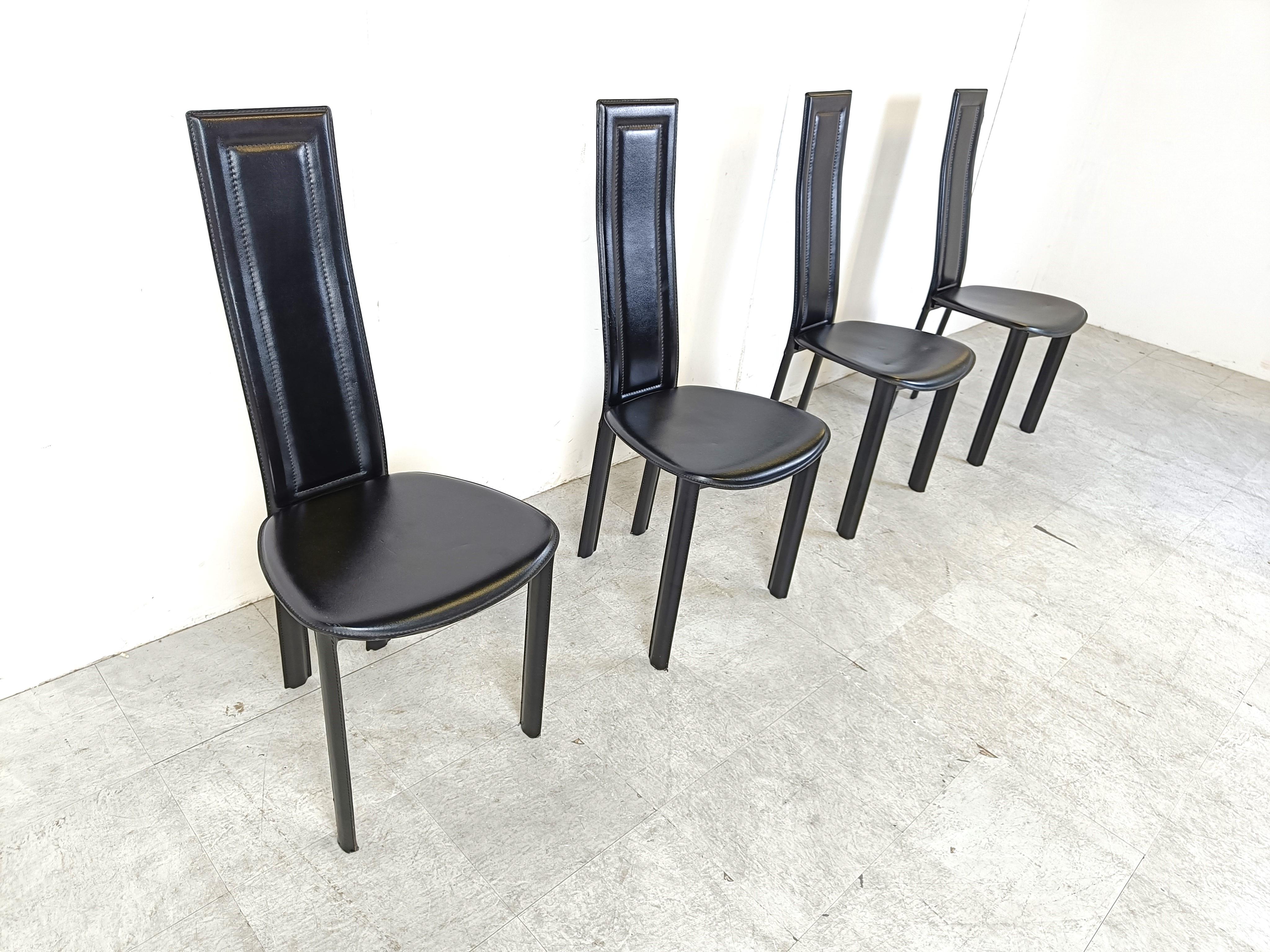 Late 20th Century Vintage black leather dining chairs, set of 4, 1980s For Sale