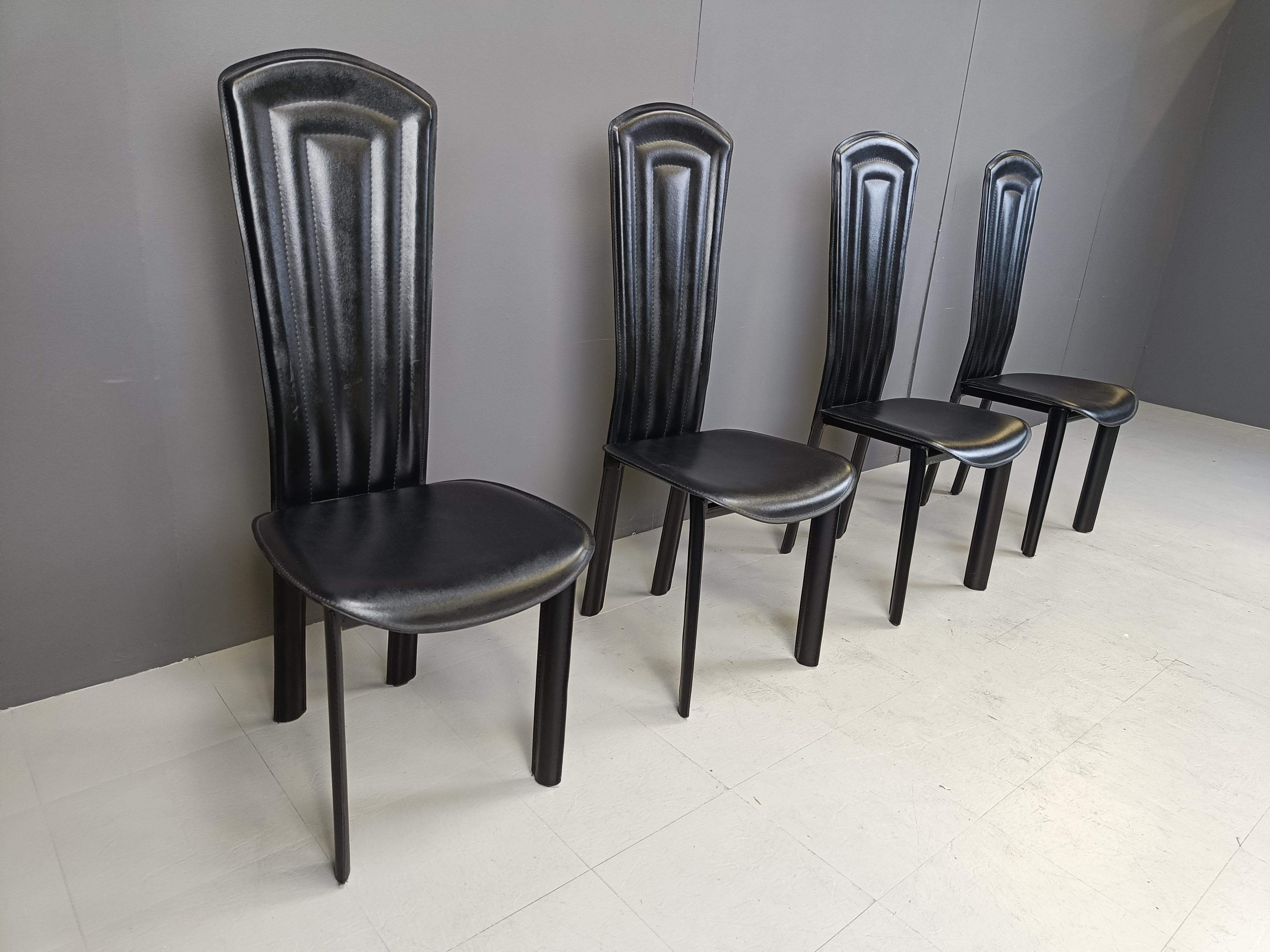 Esszimmerstühle aus schwarzem Leder, 4er-Set, 1980er-Jahre (Ende des 20. Jahrhunderts) im Angebot