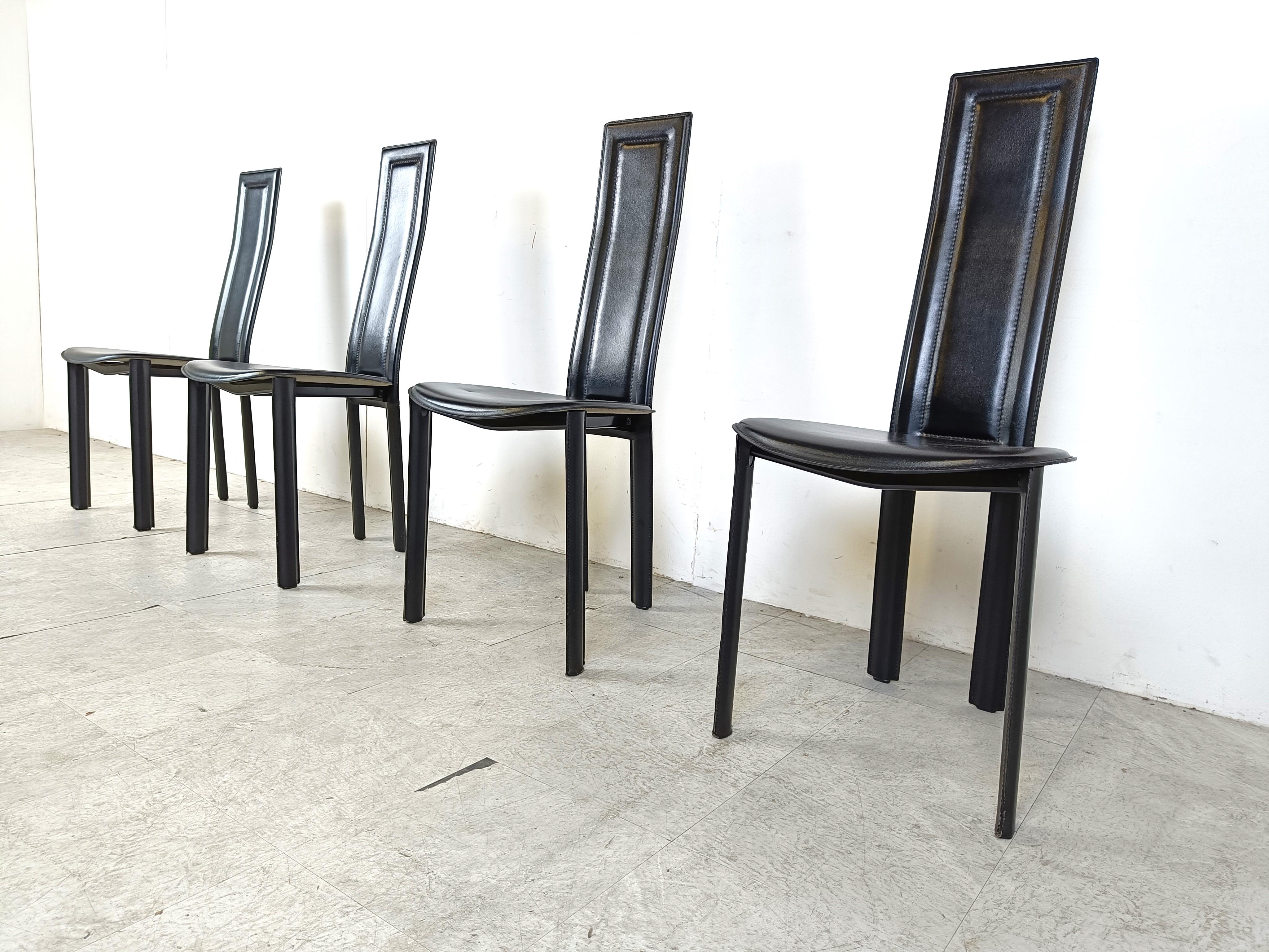 Leather Vintage black leather dining chairs, set of 4, 1980s For Sale