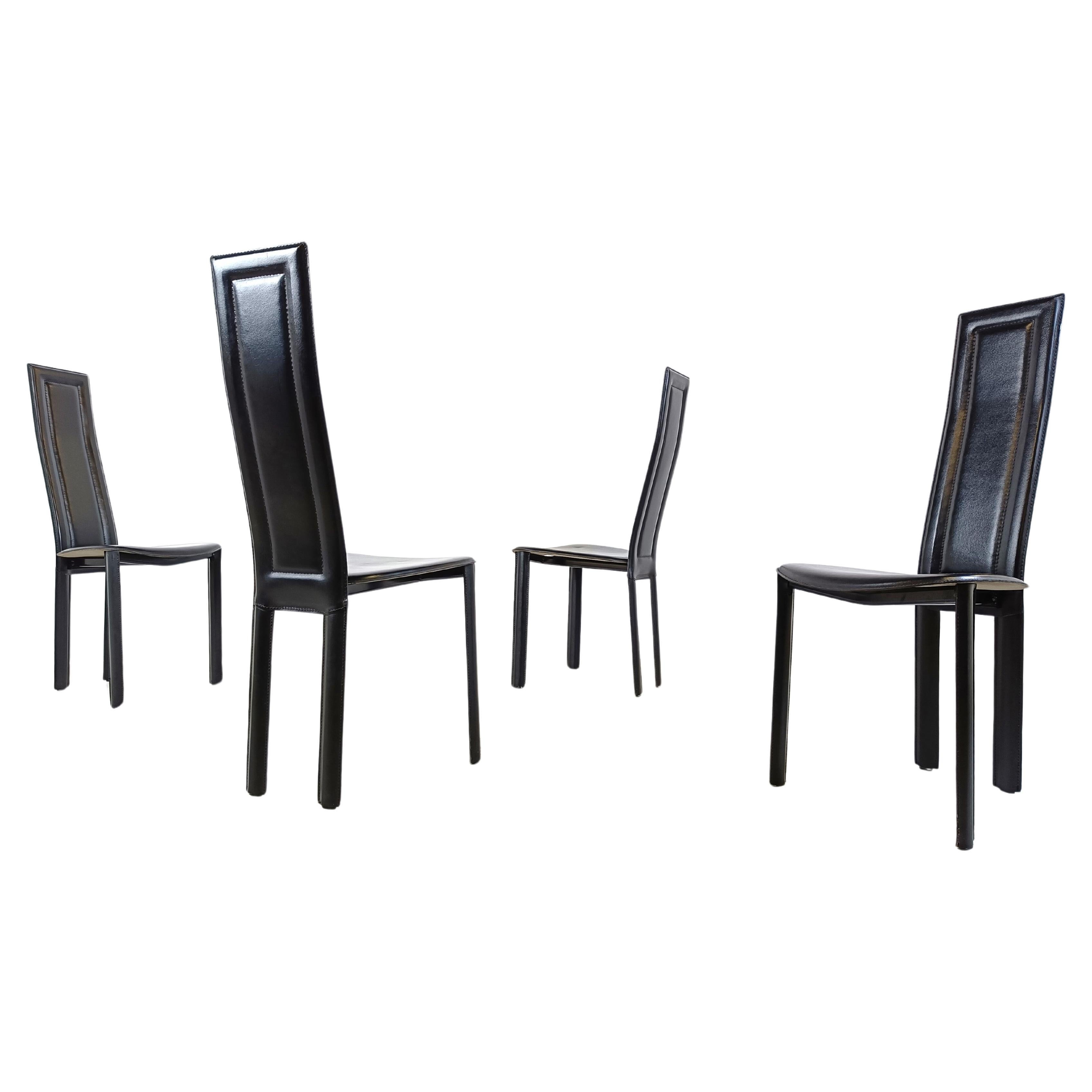 Vintage black leather dining chairs, set of 4, 1980s For Sale