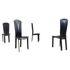 Vintage black leather dining chairs, set of 4, 1980s