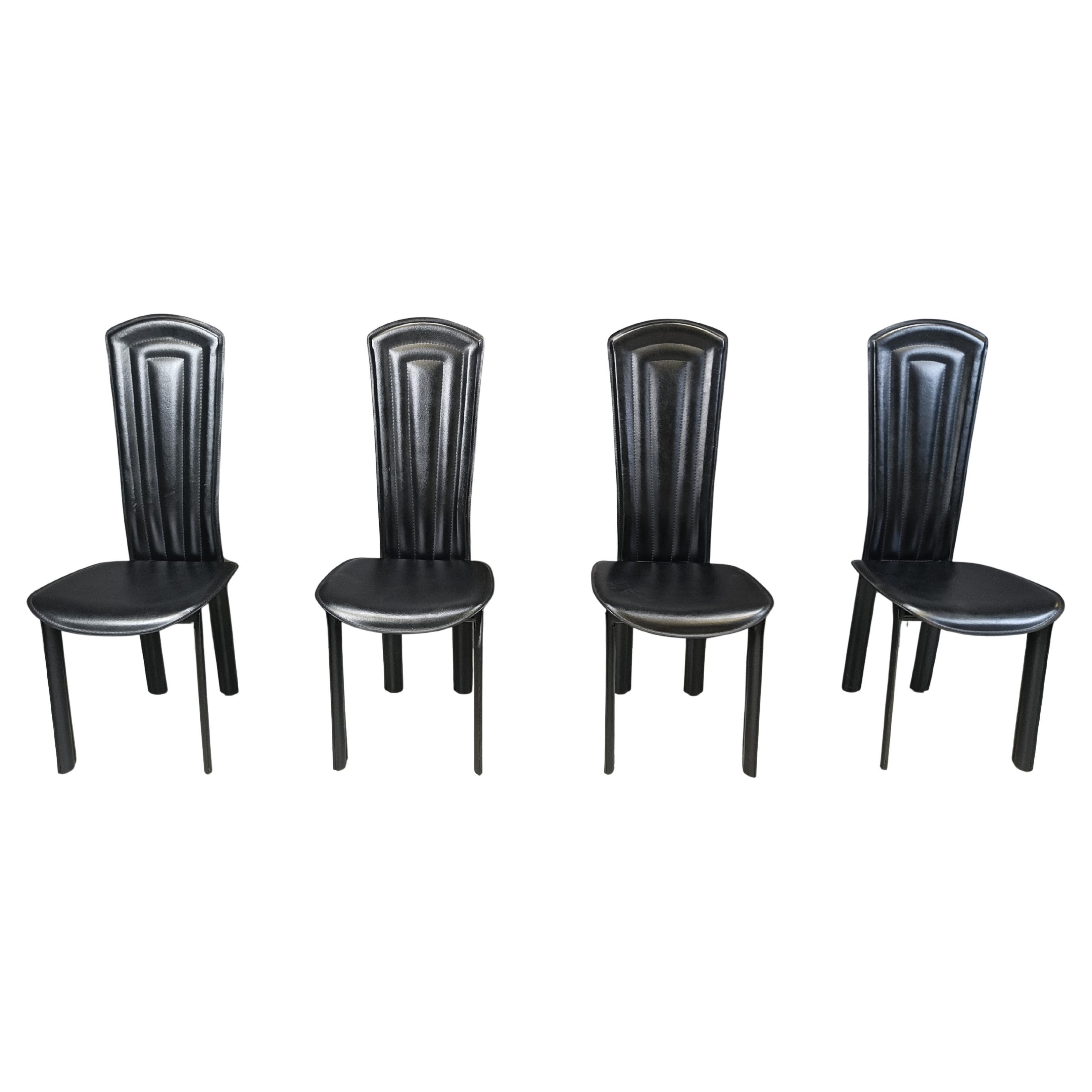 Vintage black leather dining chairs, set of 4, 1980s