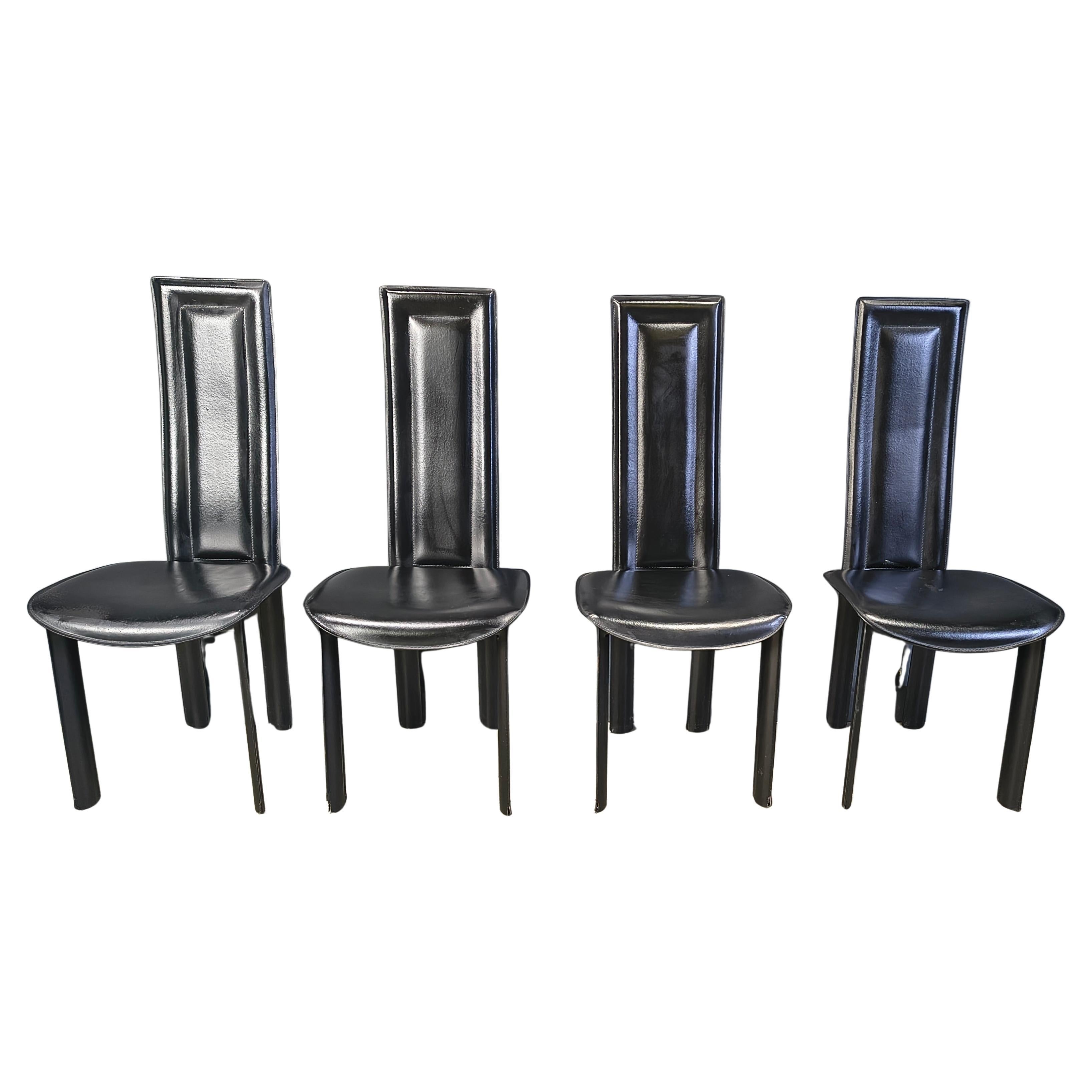 Vintage black leather dining chairs, set of 4, 1980s For Sale