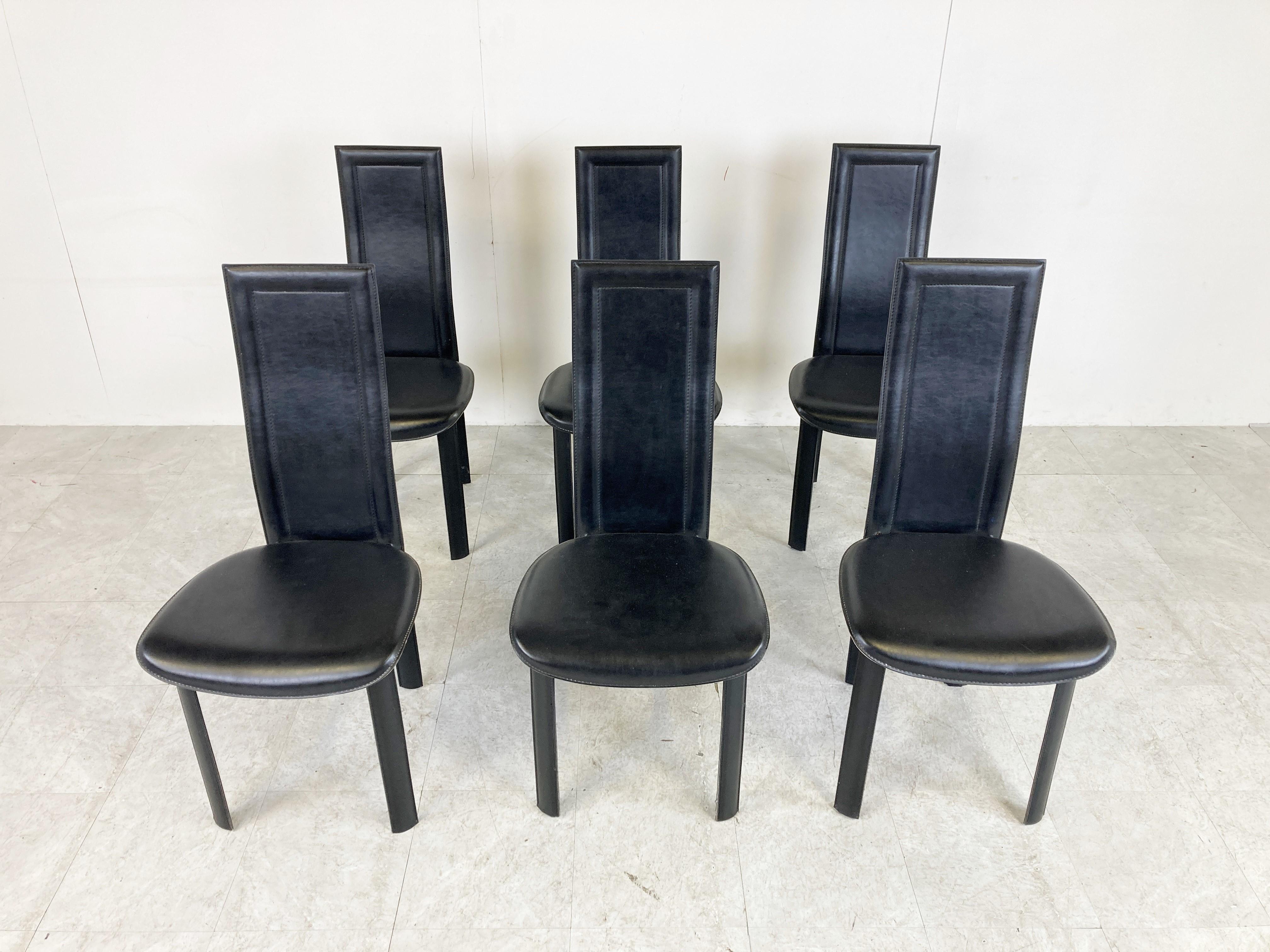 Vintage black leather dining chairs, set of 6, 1980s at 1stDibs