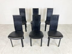 Vintage black leather dining chairs, set of 6, 1980s