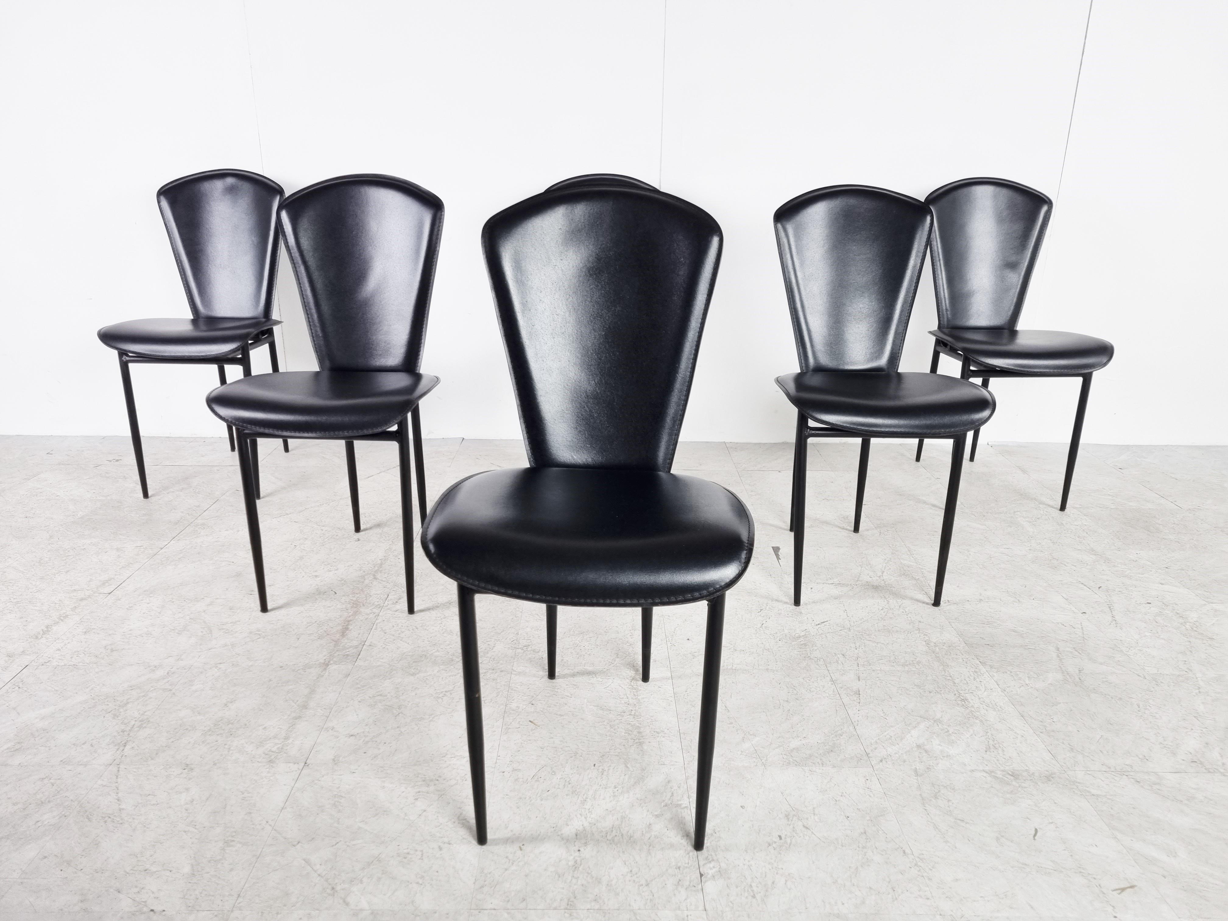Italian Vintage Black Leather Dining Chairs, Set of 6, 1980s
