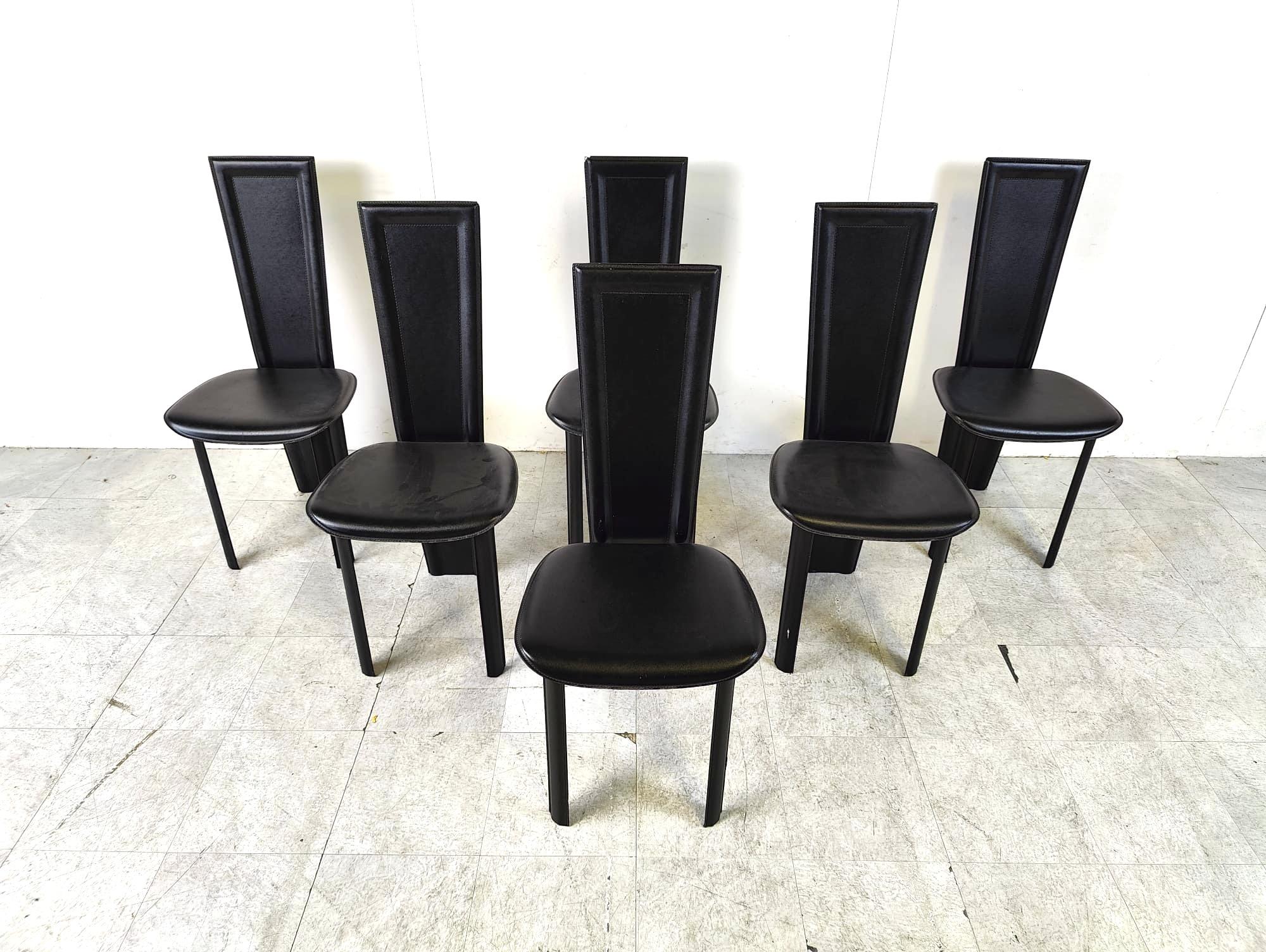 Post-Modern Vintage black leather dining chairs, set of 6, 1980s For Sale