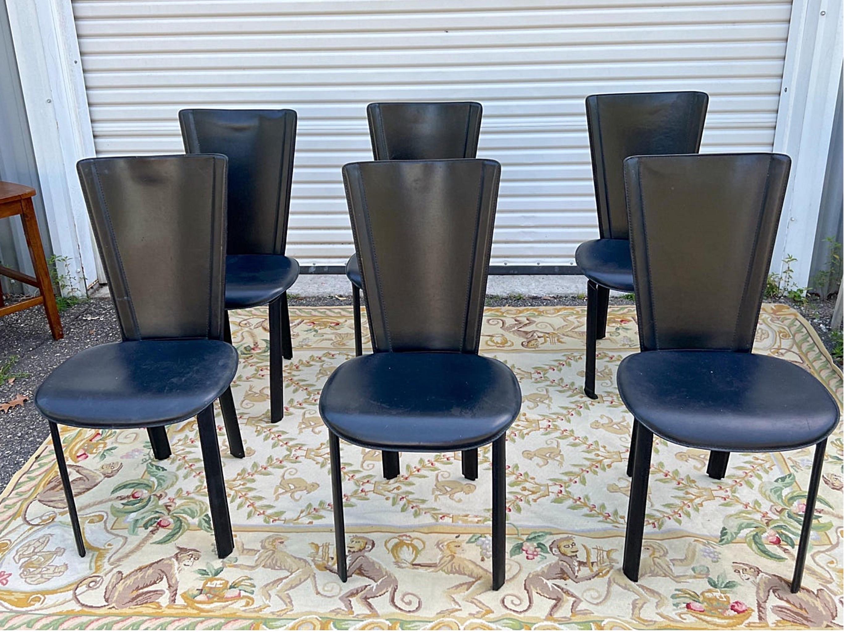 Post-Modern Vintage Black Leather Dining Chairs, Set of 6, 1980s