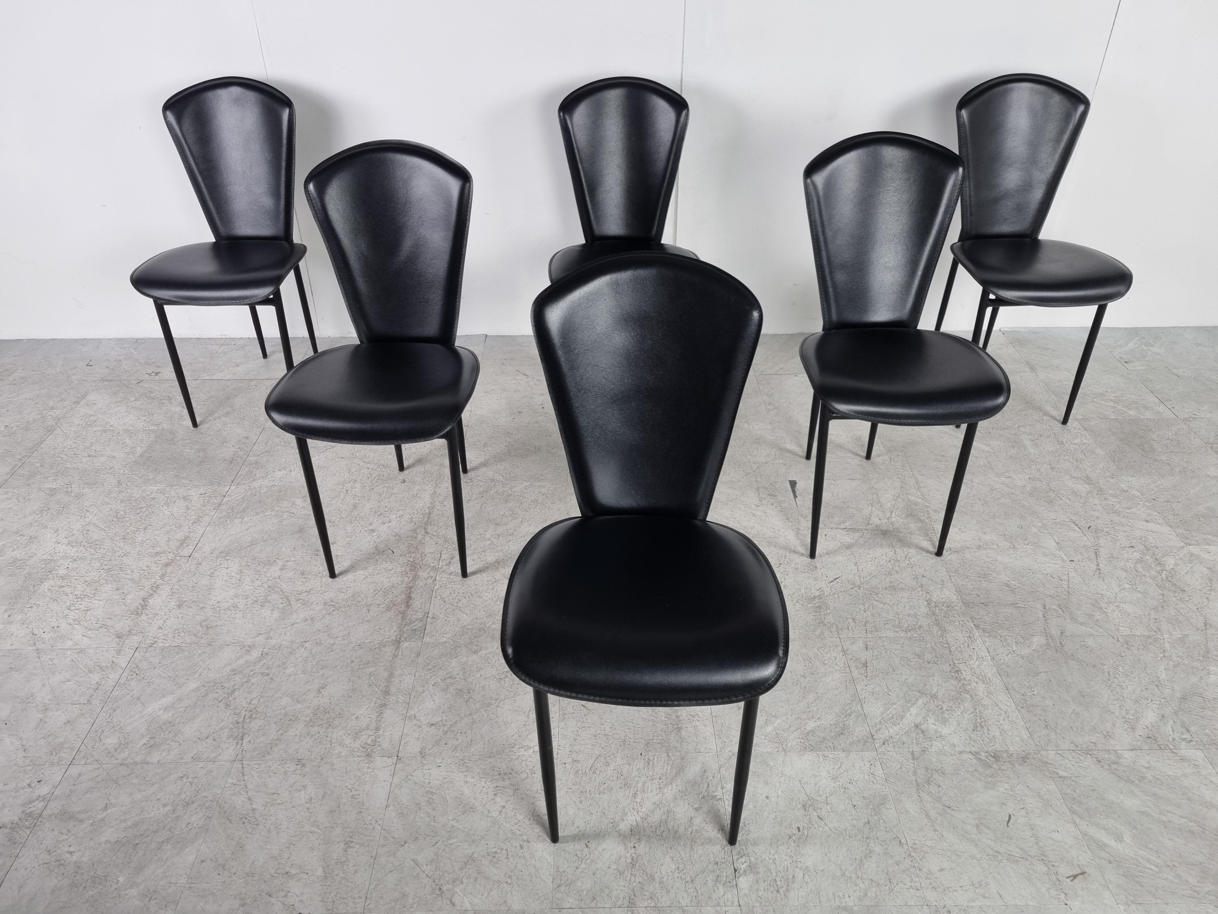 Vintage Black Leather Dining Chairs, Set of 6, 1980s In Good Condition In HEVERLEE, BE