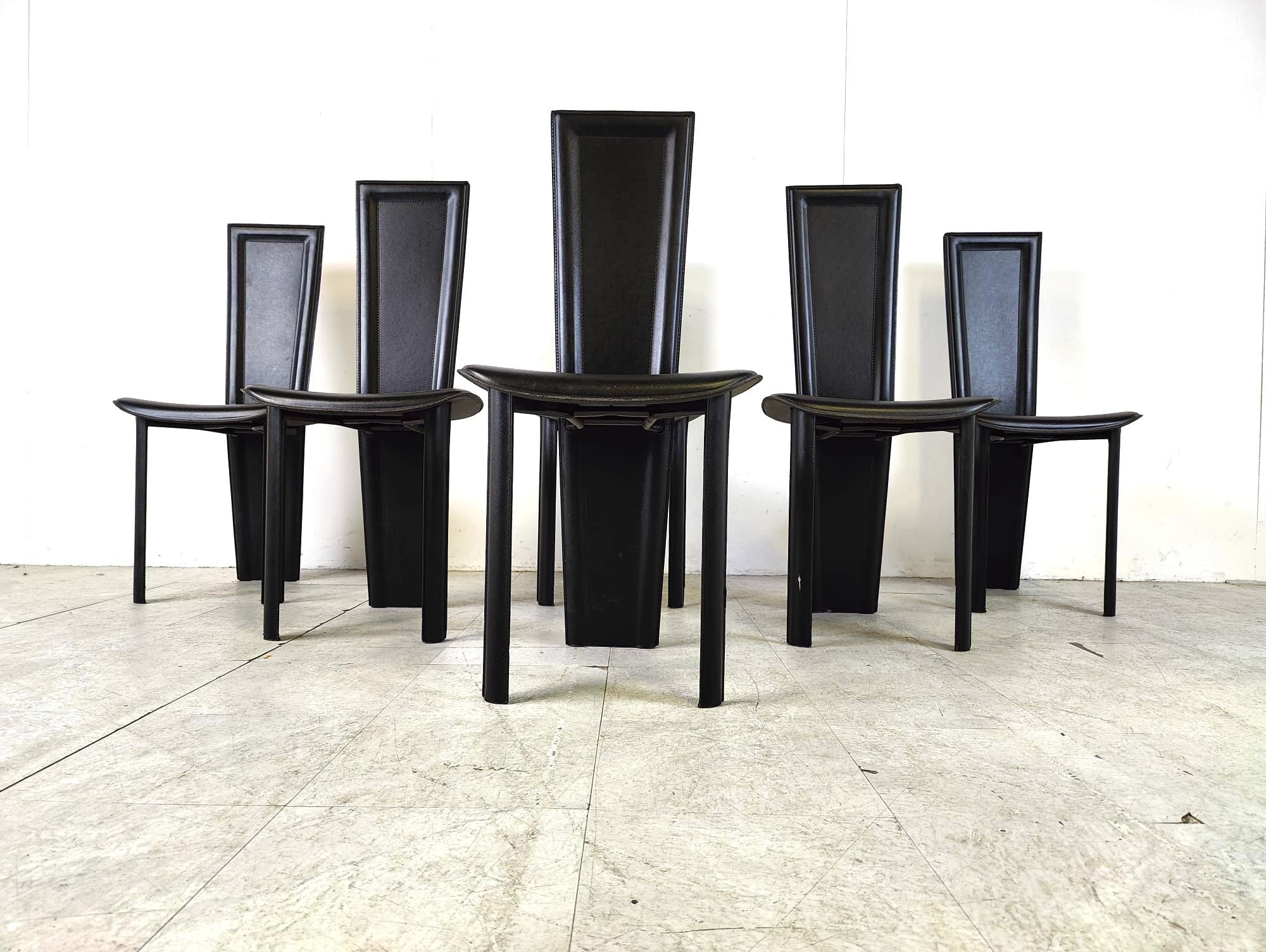 Italian Vintage black leather dining chairs, set of 6, 1980s For Sale
